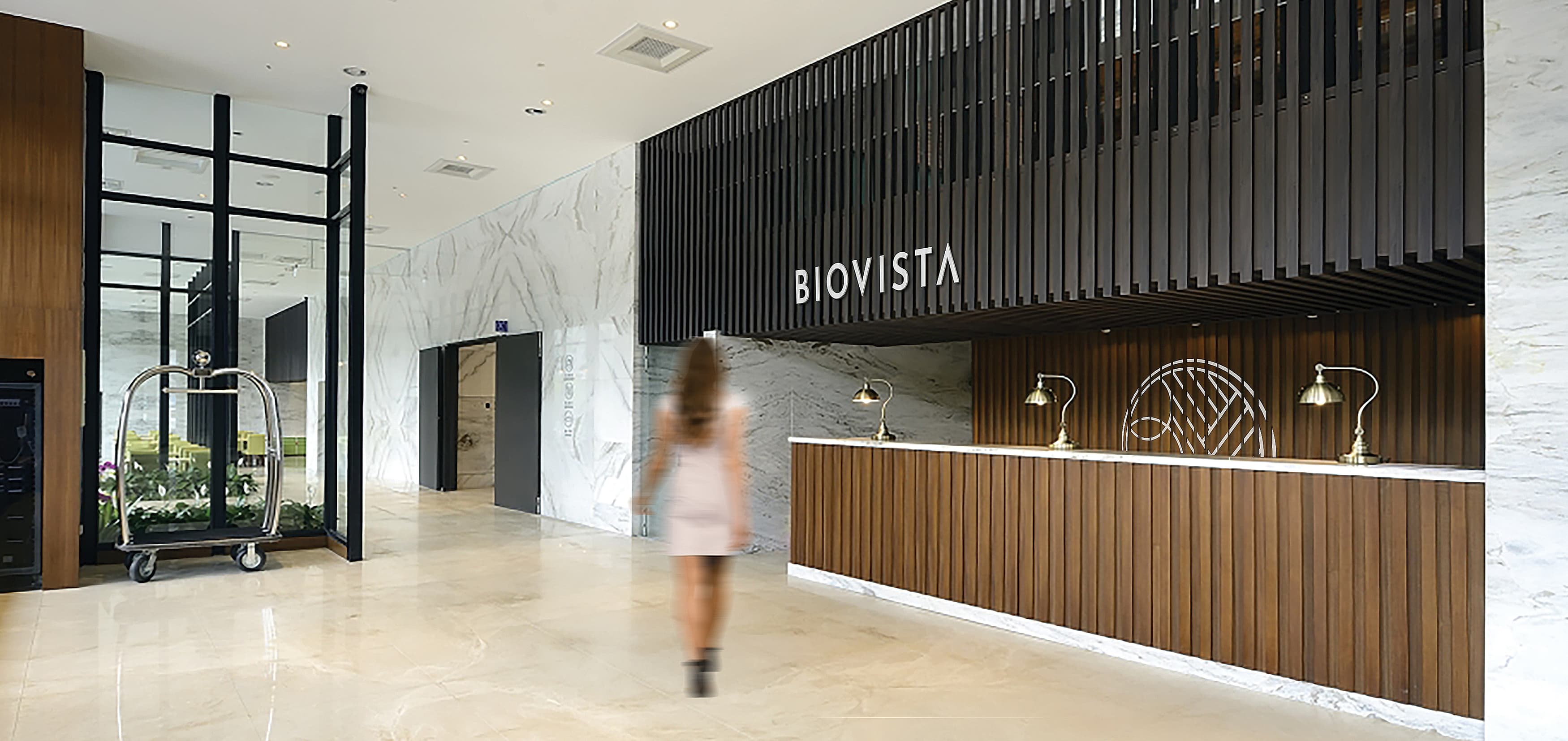 Conceptual mockup of BioVista lobby desk. Branding and naming by RSM Design.