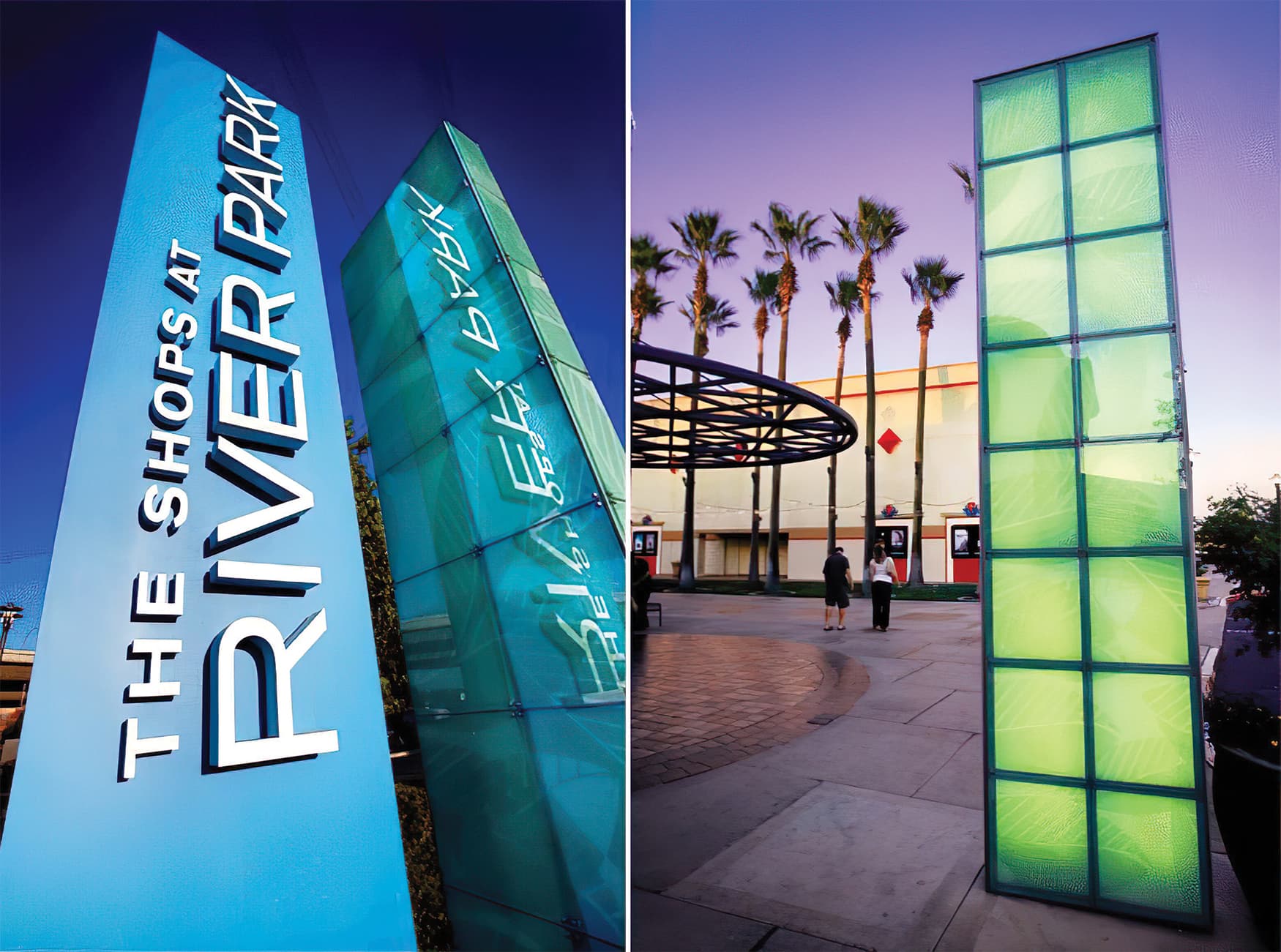 The Shops at River Park, a retail shopping center in Fresno, California. RSM Design prepared environmental graphic design services as well as wayfinding and placemaking elements. Project Identity Totem.
