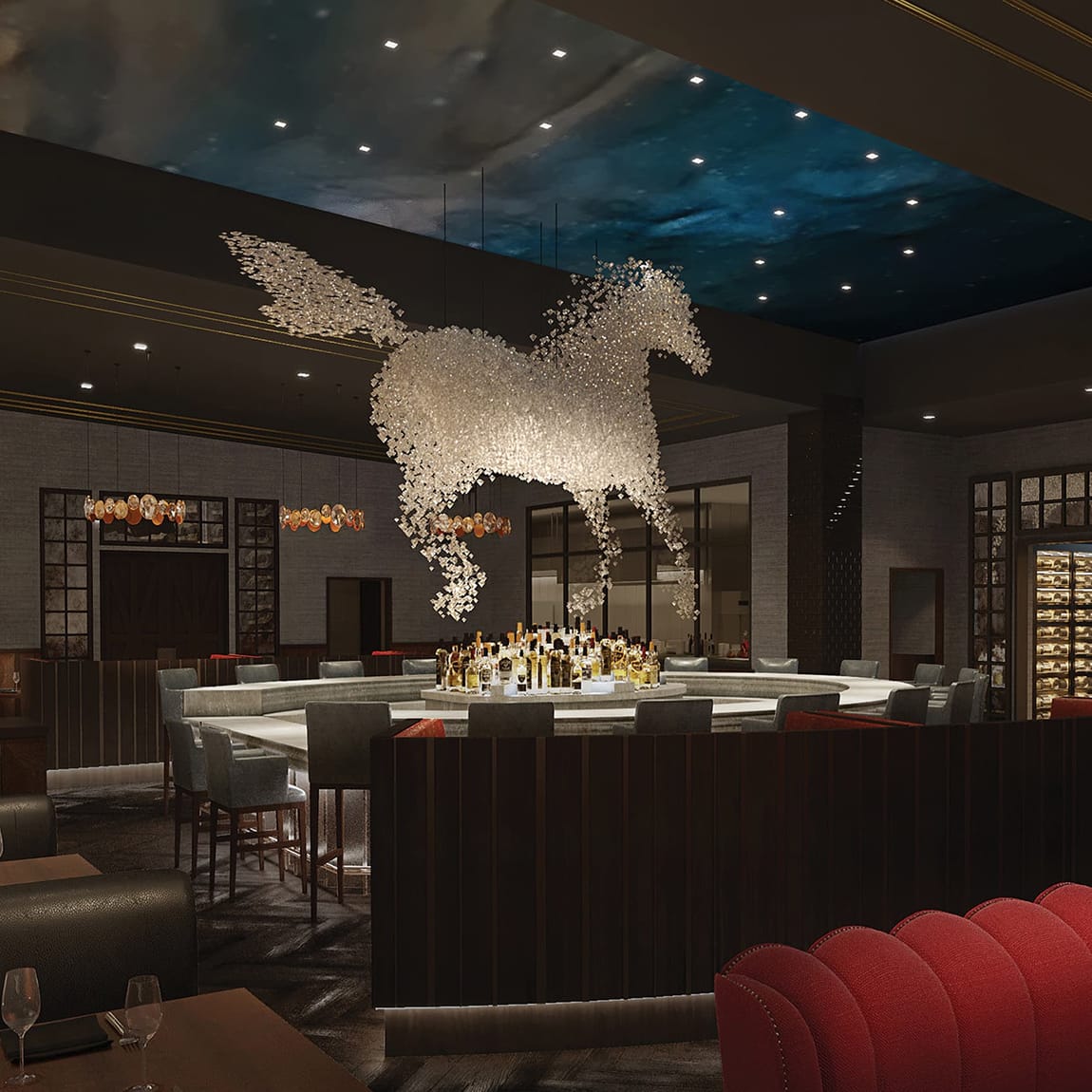 Upscale restaurant bar interior rendering at Omni PGA Frisco featuring large-scale crystal horse chandelier sculpture above circular bar, dramatic teal ceiling, red banquette seating, and wine wall