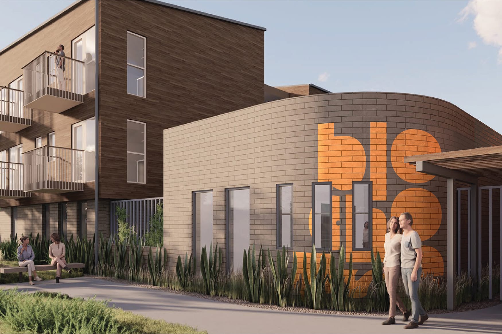 Exterior architectural rendering of Bloc House in Dallas, showing the curved brick pavilion with an oversized orange "bloc house" wordmark wrapping the facade, adjacent to the multi-story wood-clad residential building with cantilevered balconies. Residents walk along the path and sit on benches, with a row of snake plants and native landscaping lining the building perimeter.