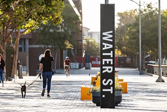 Woman walking dog along tree-lined Water Street pedestrian promenade at Jack London Square with bold black wayfinding monument sign and yellow modular planters, Oakland, California