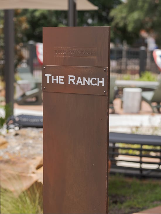 The Armour Stockyards Ranch outdoor area corten steel post sign, environmental graphic design by RSM Design