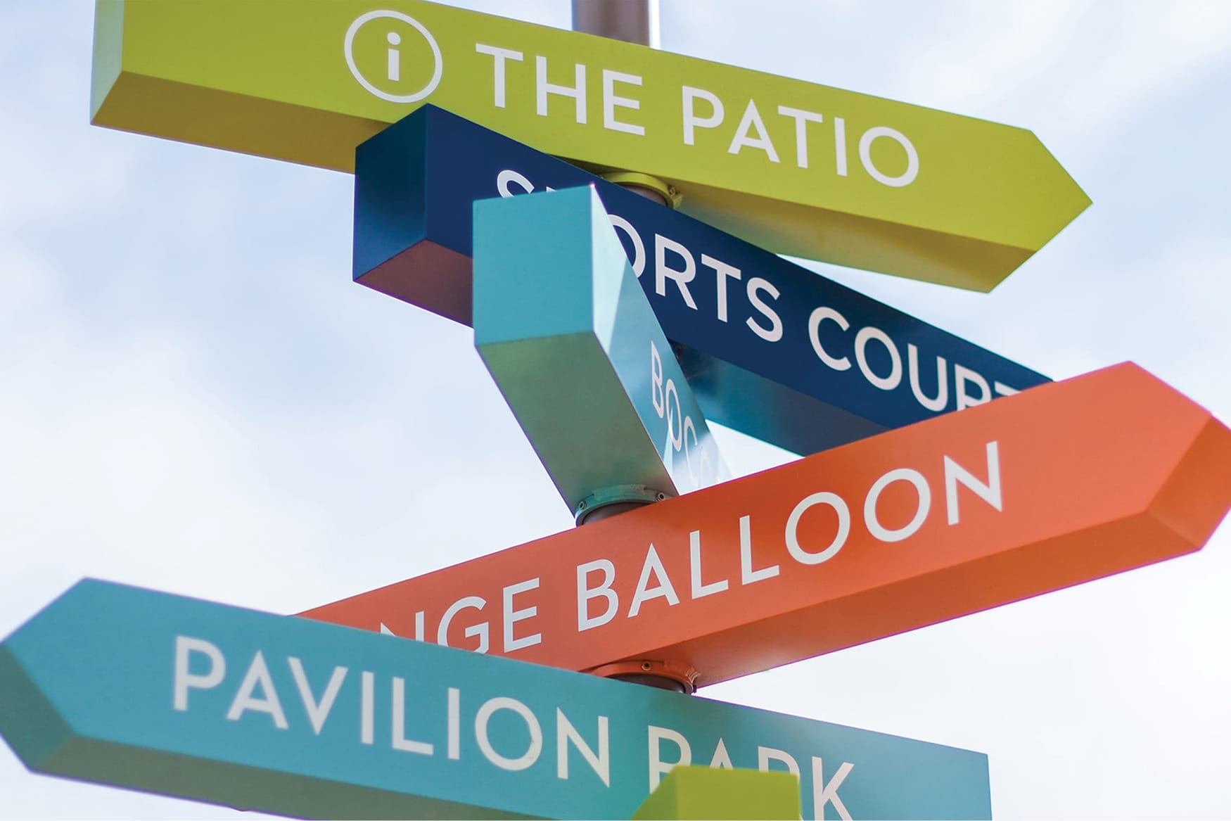 Colorful directional wayfinding signpost designed by RSM Design, featuring arrow signs for The Patio, Sports Court, Orange Balloon, and Pavilion Park in yellow-green, navy, orange, and teal against a bright sky