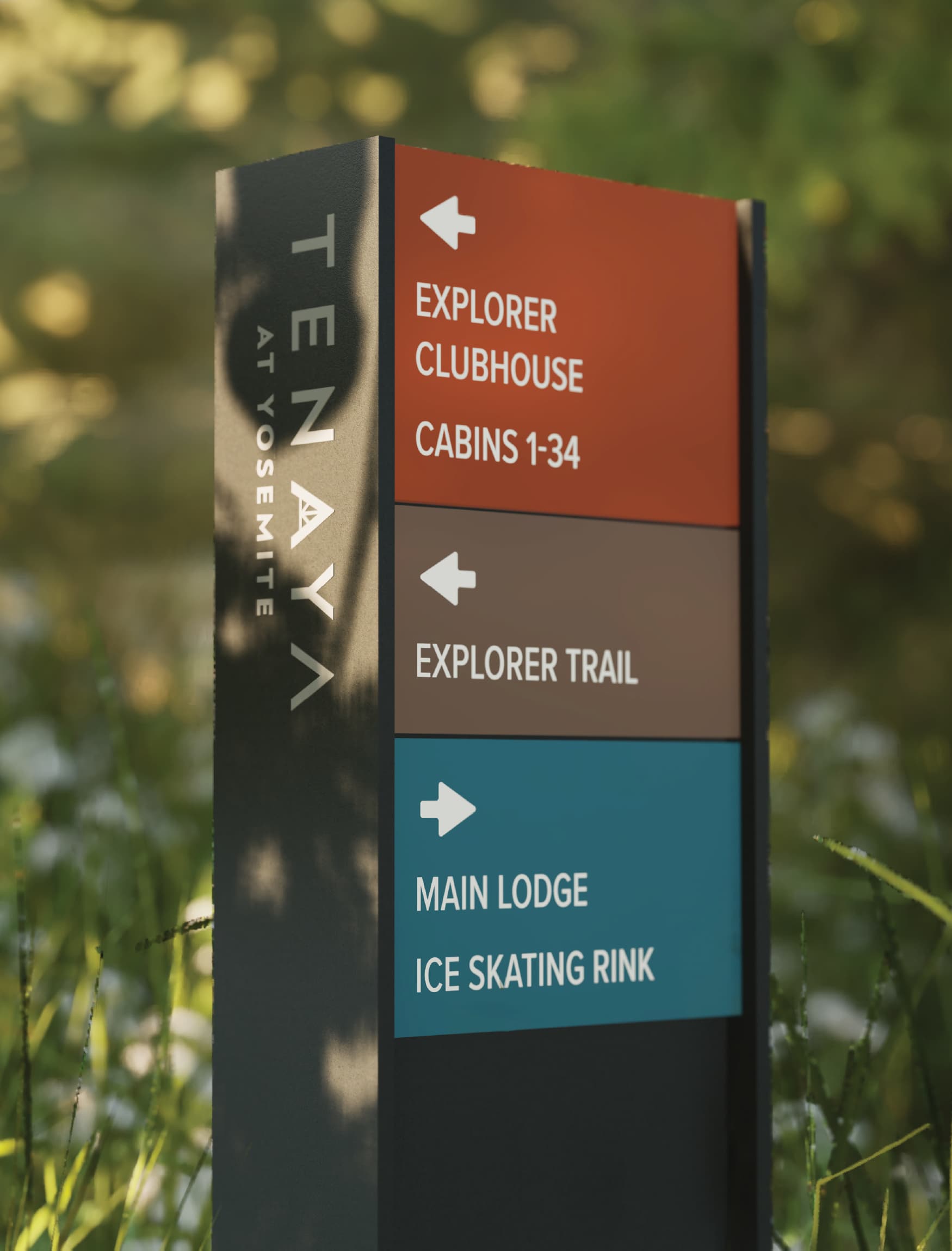 Detail shot of a directional sign at Tenaya, with color coded organization