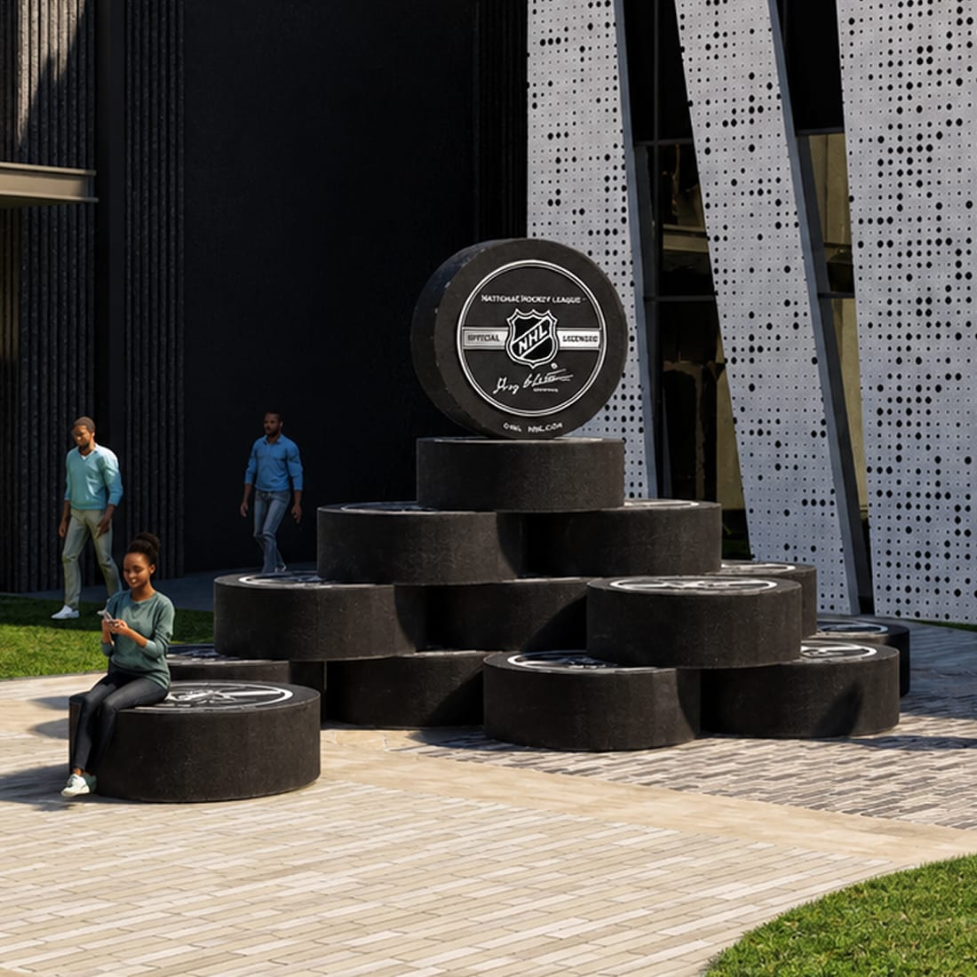 Rendering of oversized hockey puck sculptures stacked into a pyramid on the plaza outside the ice arena, with the top puck standing upright and the lower pucks doubling as seating, as a visitor sits and checks her phone, Hylo Park, Las Vegas, placemaking by RSM Design.