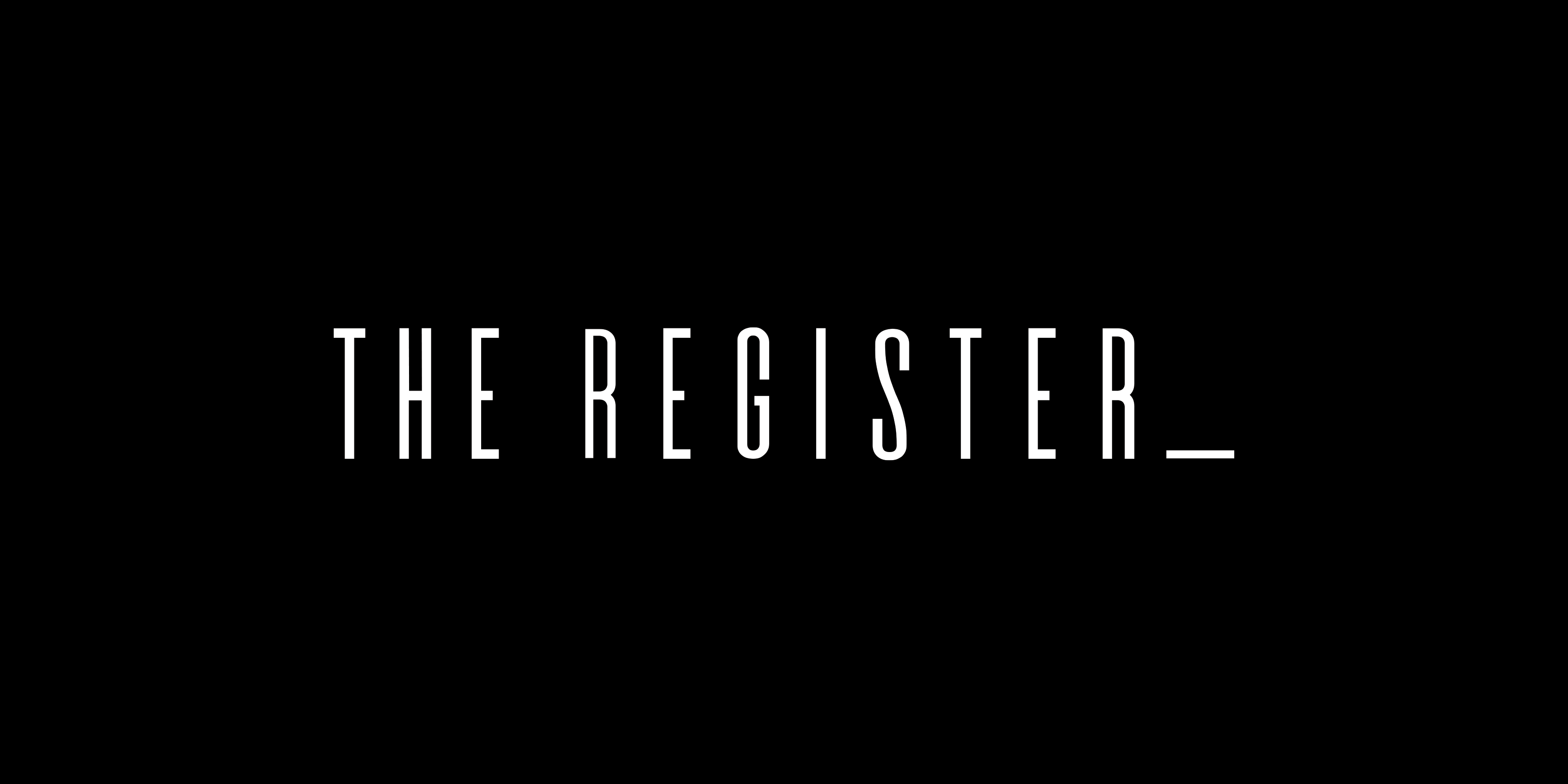 Animated GIF of The Register sub-brand logo mark for Post District in Salt Lake City, displayed in white condensed typography on a black background — showcasing RSM Design's branding and visual identity and logo development work for a mixed-use residential community.