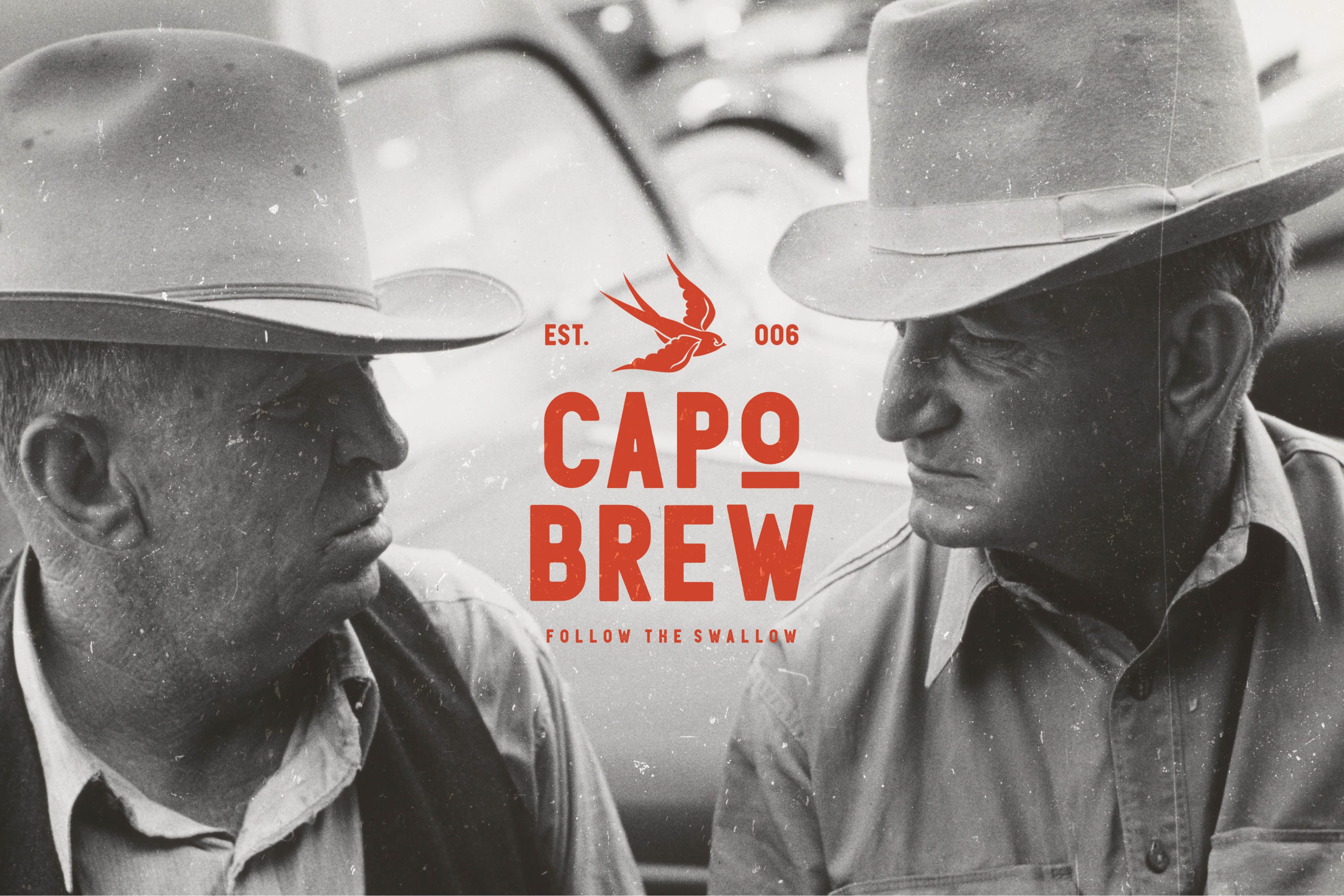 Vintage black and white photo of two men in cowboy hats with the Capo Brew logo and red swallow icon overlaid, brand identity design by RSM Design