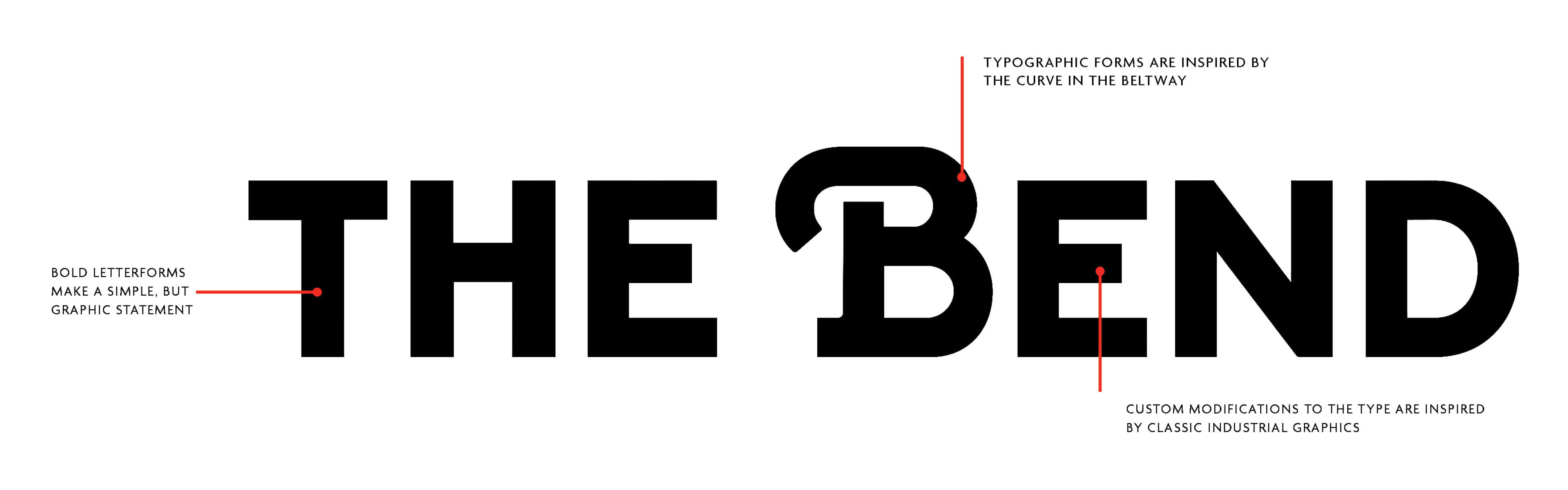 Typography study for The Bend HTX brand identity showing custom letterforms inspired by the curve of the beltway and industrial graphics, illustrating brand strategy, visual identity design, and placemaking for a mixed-use retail and entertainment destination.