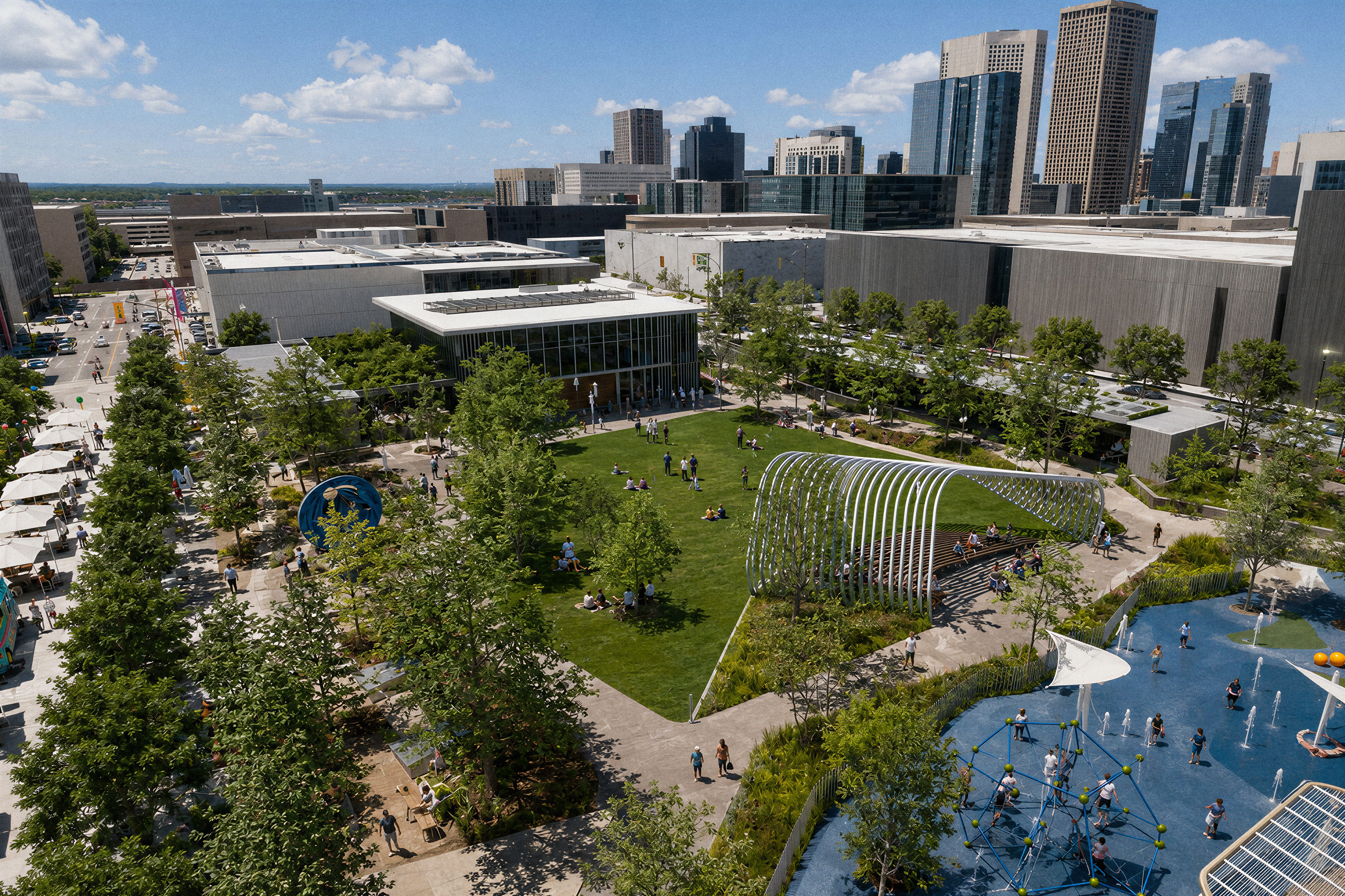 Aerial view of East Village Green, showing a central lawn with people relaxing beside a curved arched shade pavilion, a splash pad with climbing dome and fountains, market umbrellas, and the recreation center building, framed by downtown San Diego's high-rise skyline.