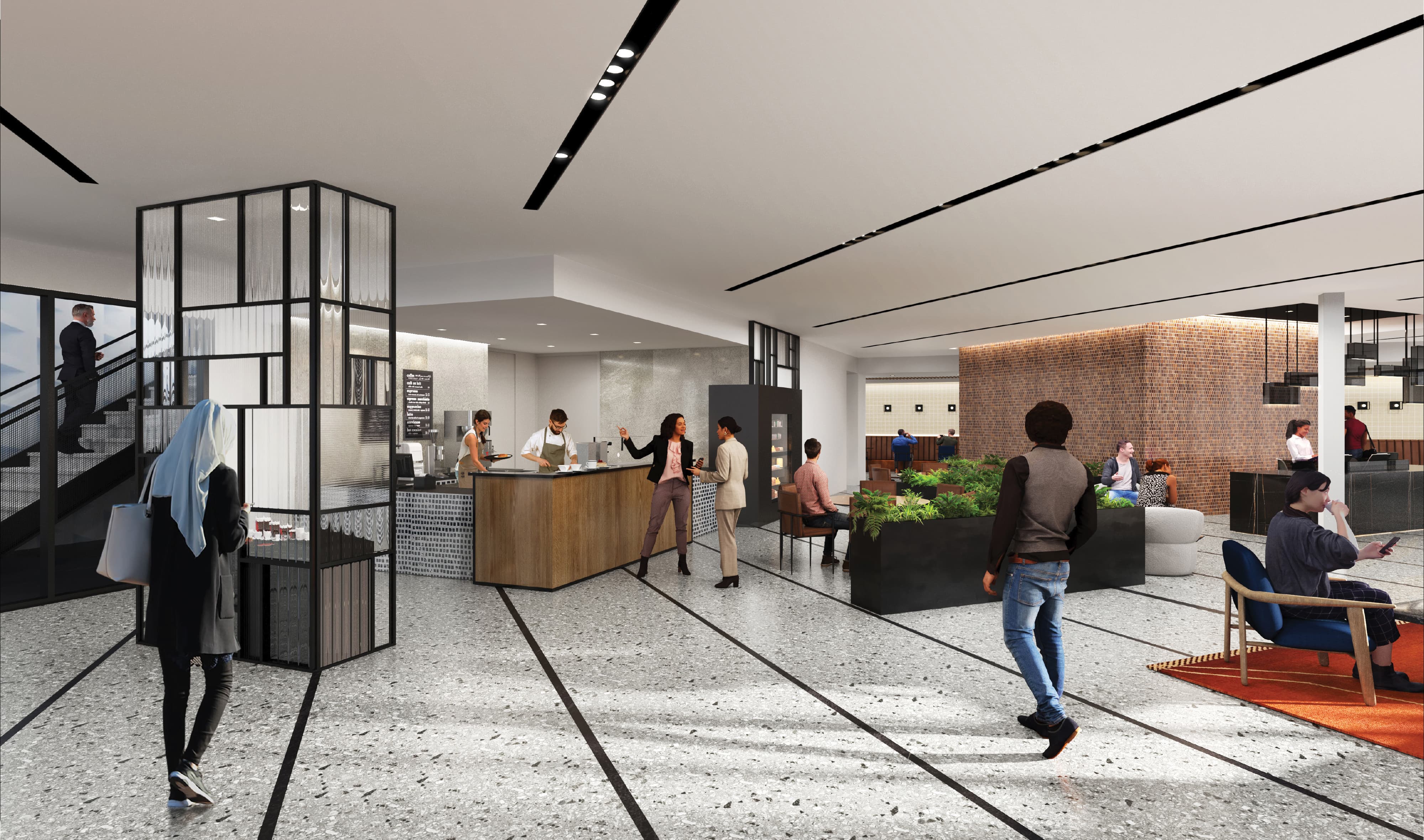 RSM Design photorealistic interior rendering of a lobby branded environment and placemaking concept for Continuum Alpharetta, depicting an open ground-floor amenity space with a cafe counter, specialty graphics on glass partition columns, terrazzo flooring with linear inlay pattern, biophilic planter installations, exposed brick feature wall, and diverse professionals and visitors gathering, working, and socializing throughout, demonstrating how environmental graphic design, experiential graphics, visual identity, and placemaking are envisioned during the design process to create inclusive, human-centered mixed-use workplace, health and wellness, and residential community environments.