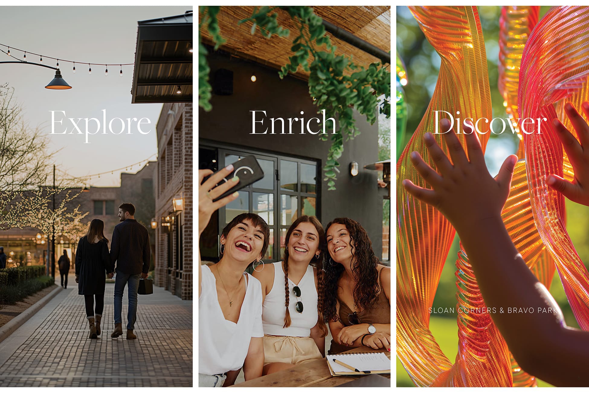"Explore, Enrich, Discover" three-panel lifestyle campaign for Sloan Corners and Bravo Park - brand identity design by RSM Design