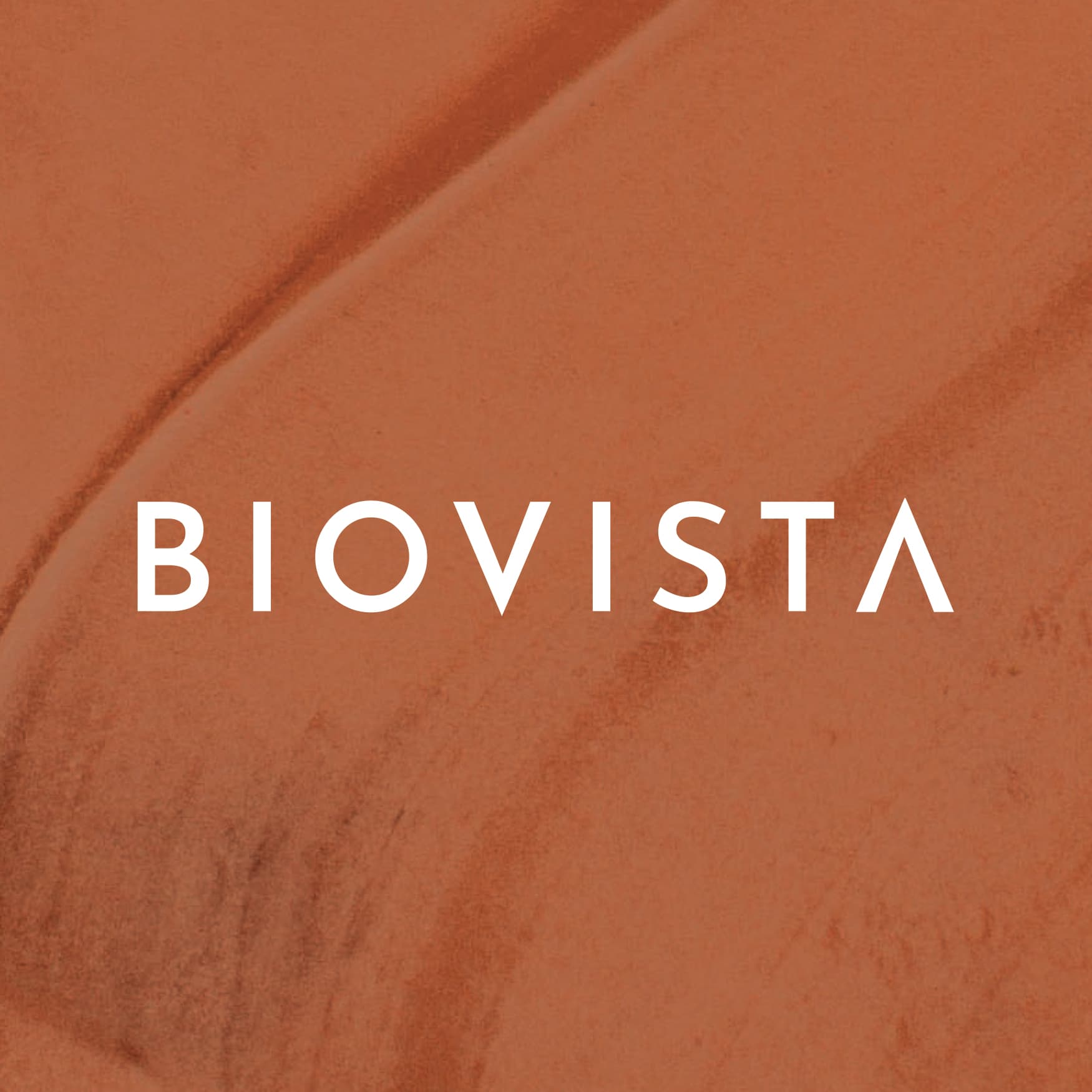 Biovista logo against a burnt orange textured background, designed by RSM Design. 