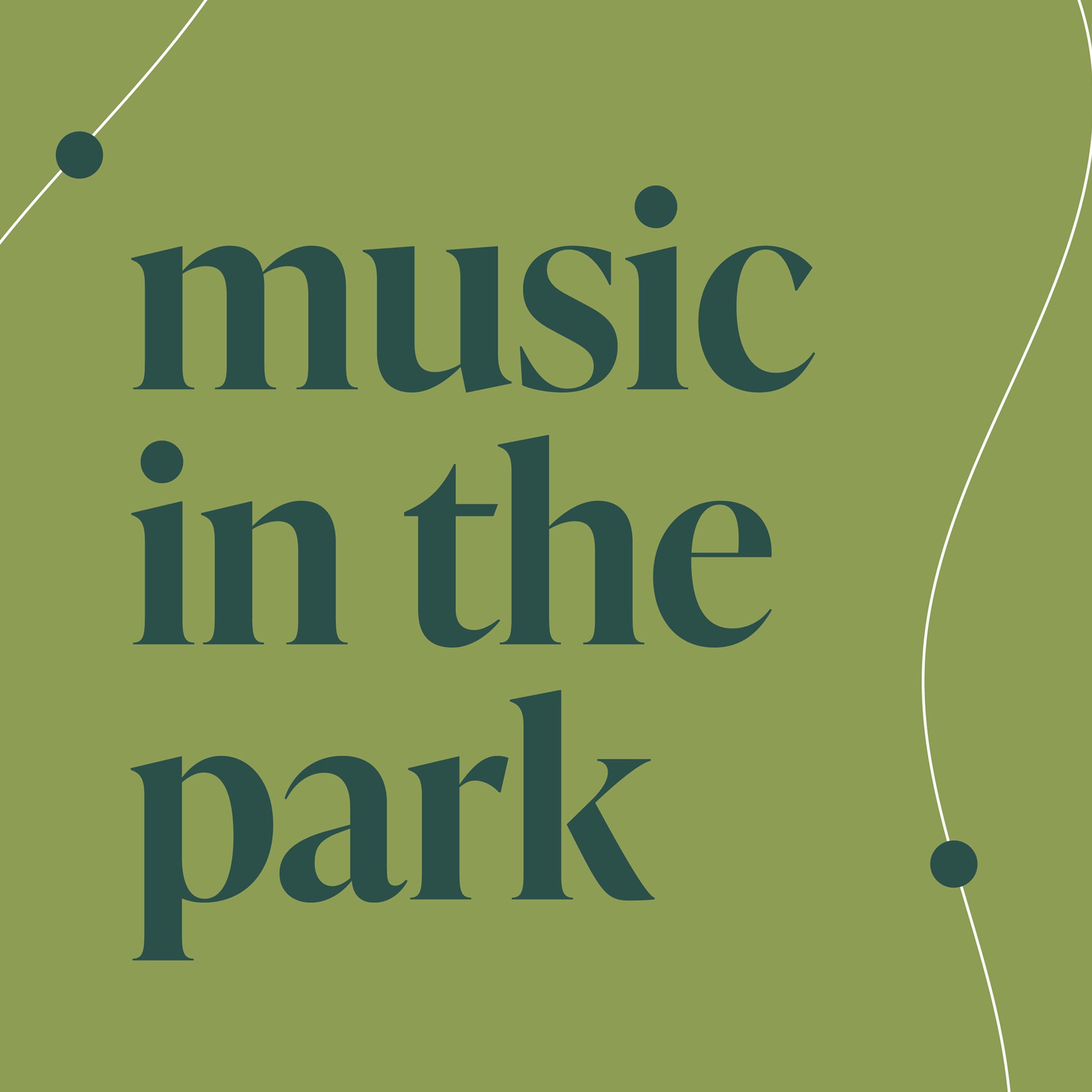 "Music in the Park" headline in dark green serif type over an olive green background, accented with dots and a curved line motif — event branding by RSM Design.