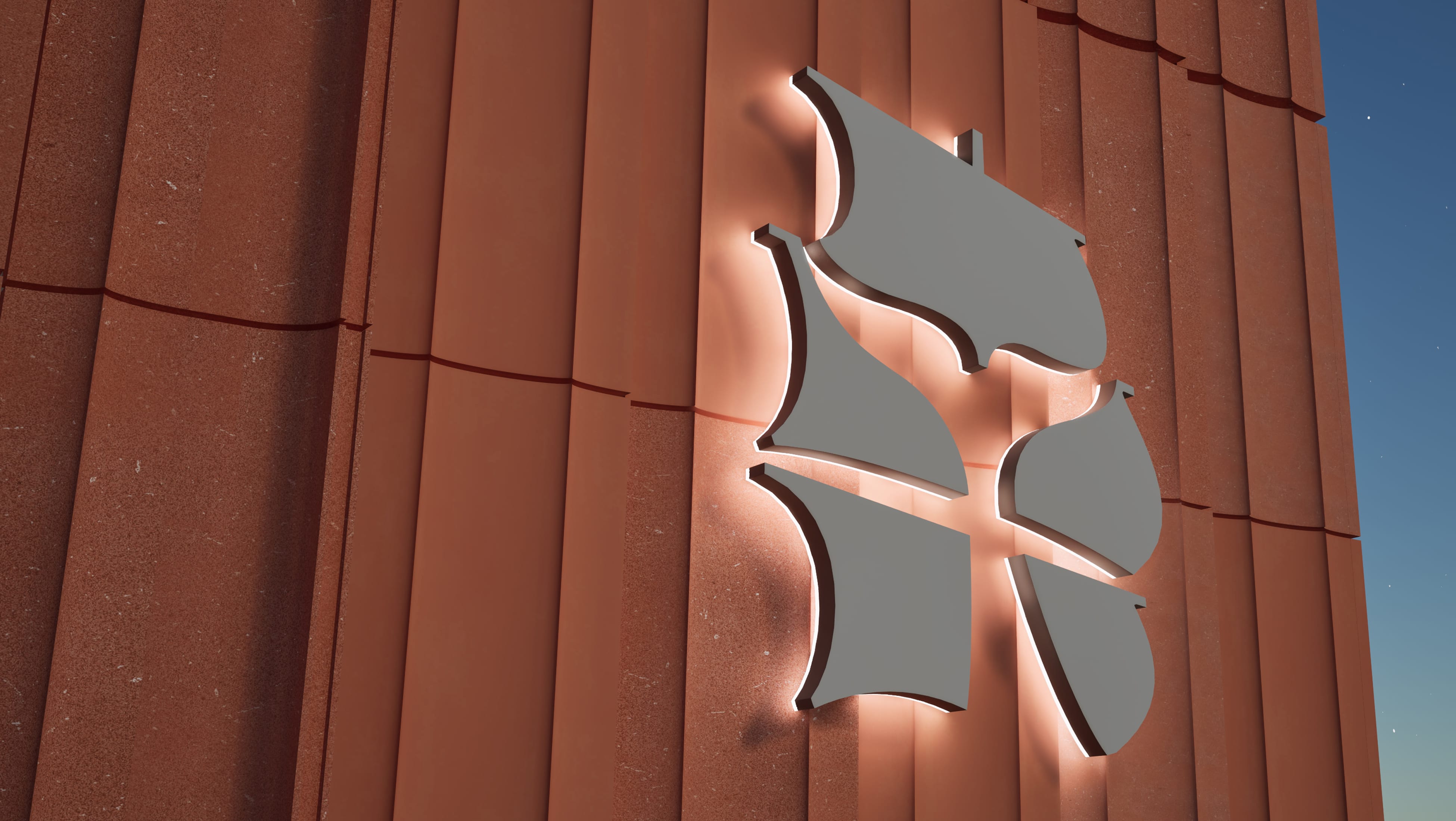 Backlit whale-tail-shaped dimensional letterforms in brushed metal, mounted on a corten steel wall panel facade, exterior environmental graphic design for the Bedford Whaling Museum by RSM Design