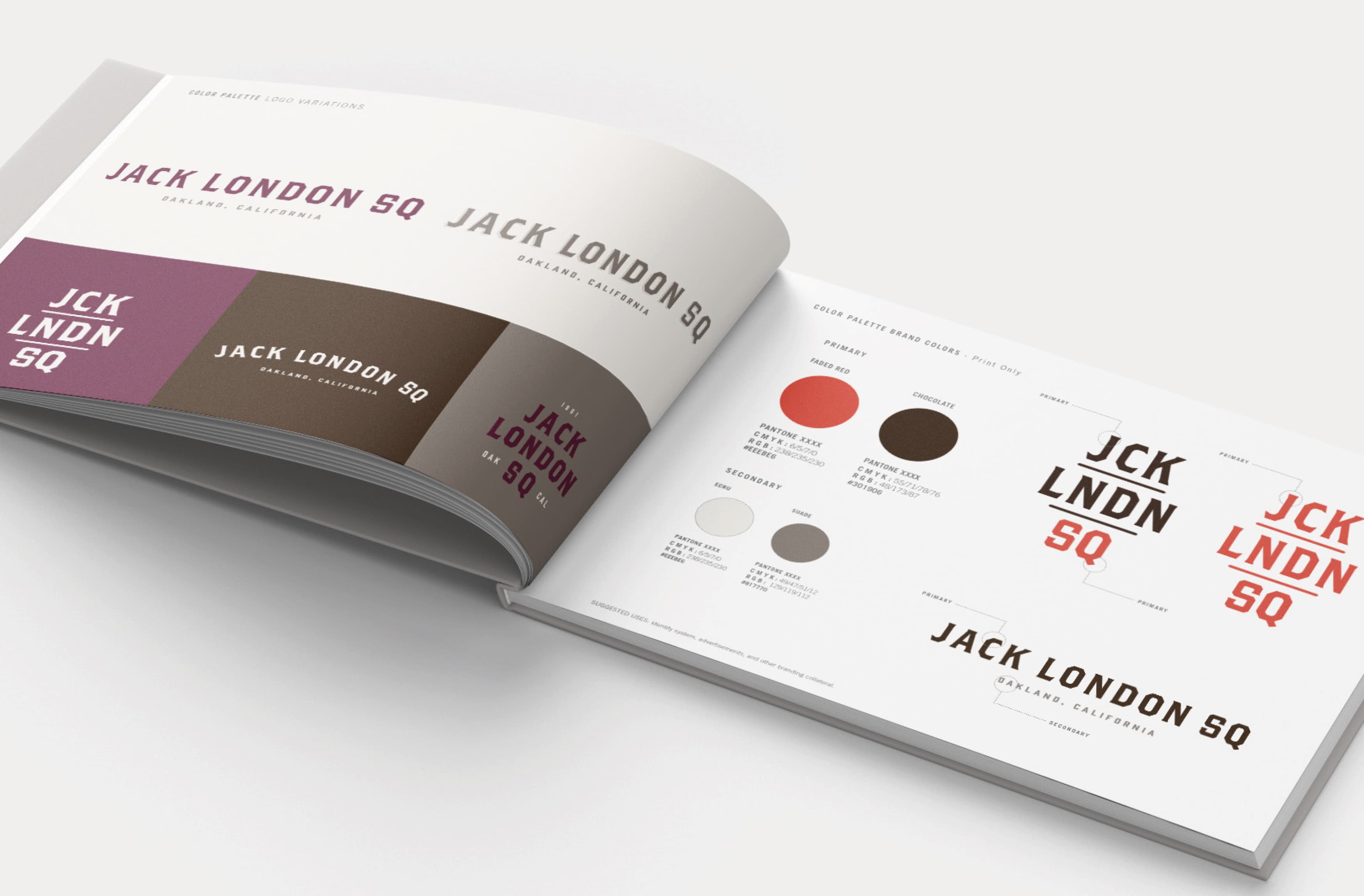 Flatlay image of the brand guidelines booklet designed by RSM Design for Jack London Square. 