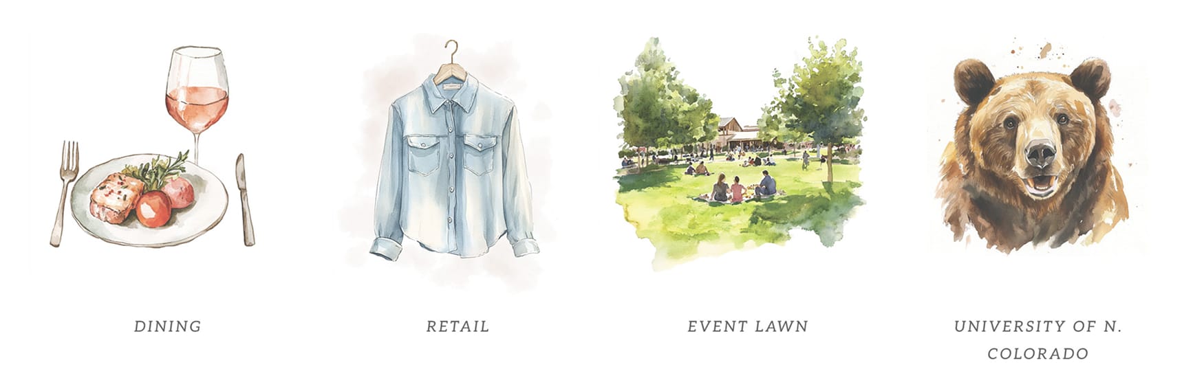Watercolor illustrations of a dining plate with wine, denim shirt, picnickers on an event lawn, and a bear representing University of Northern Colorado, brand identity illustration by RSM Design.