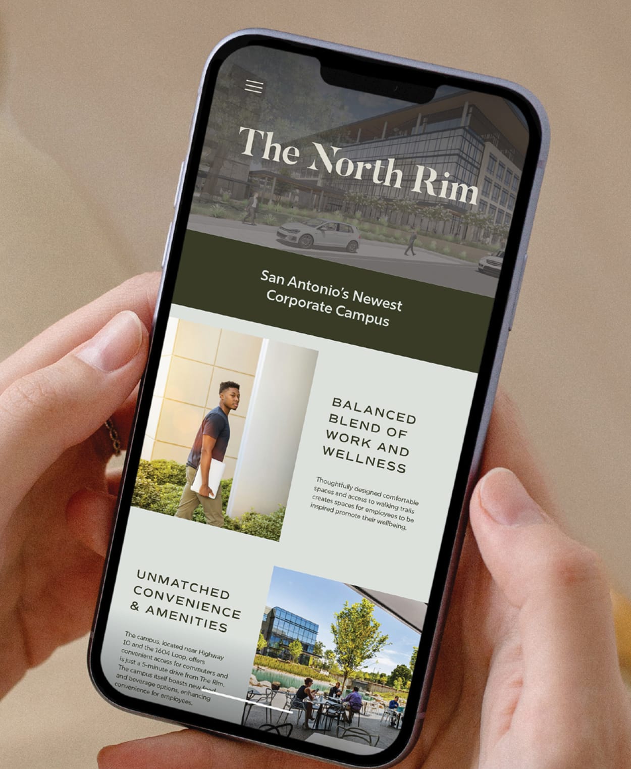 The North Rim San Antonio corporate campus mobile website design, brand identity design by RSM Design