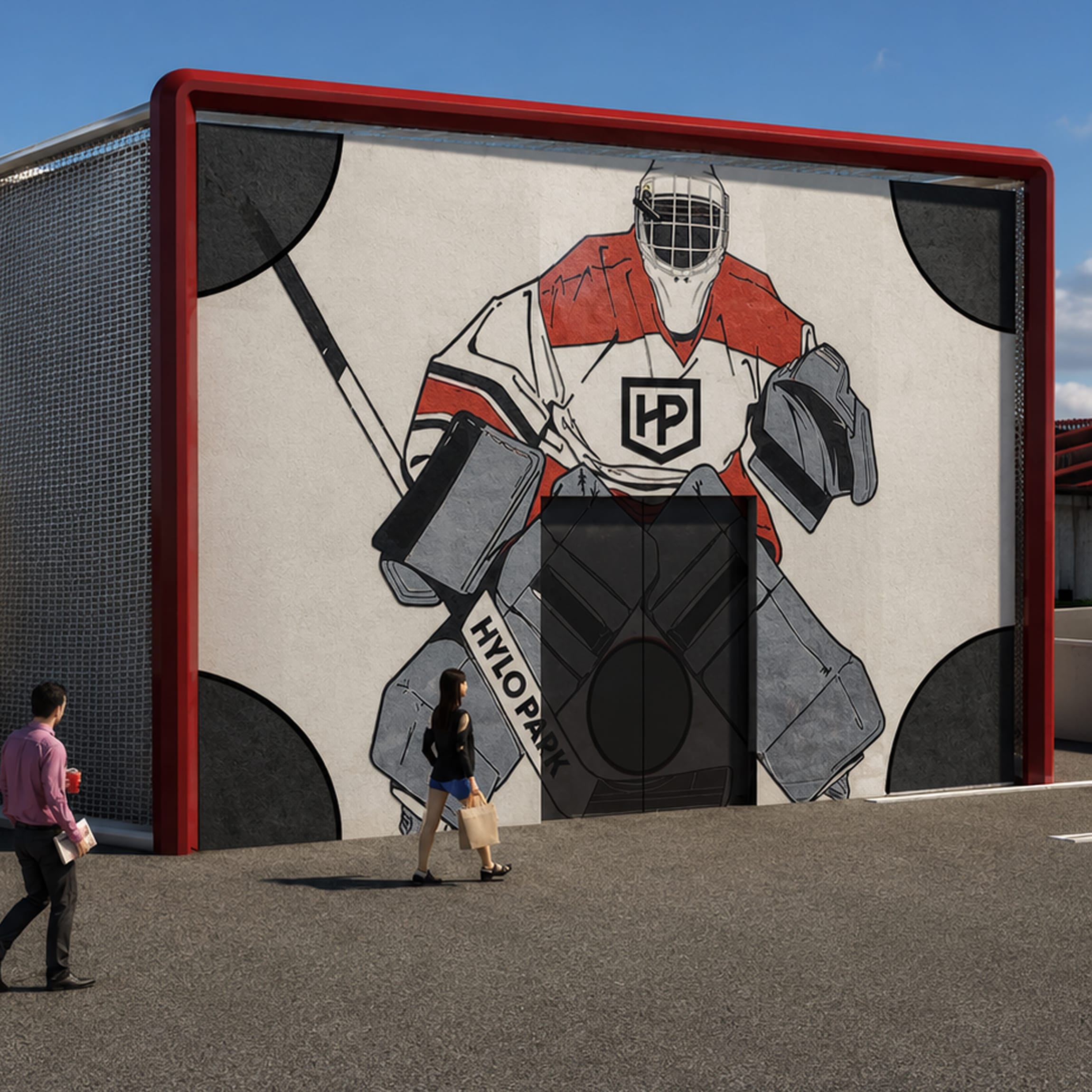 Rendering of a building facade framed as a hockey goal, with a red goal post, mesh netting along the side, and a large illustrated mural of a goalie in an HP jersey whose crouched stance frames the entry doors, Hylo Park, Las Vegas, environmental graphic design by RSM Design.