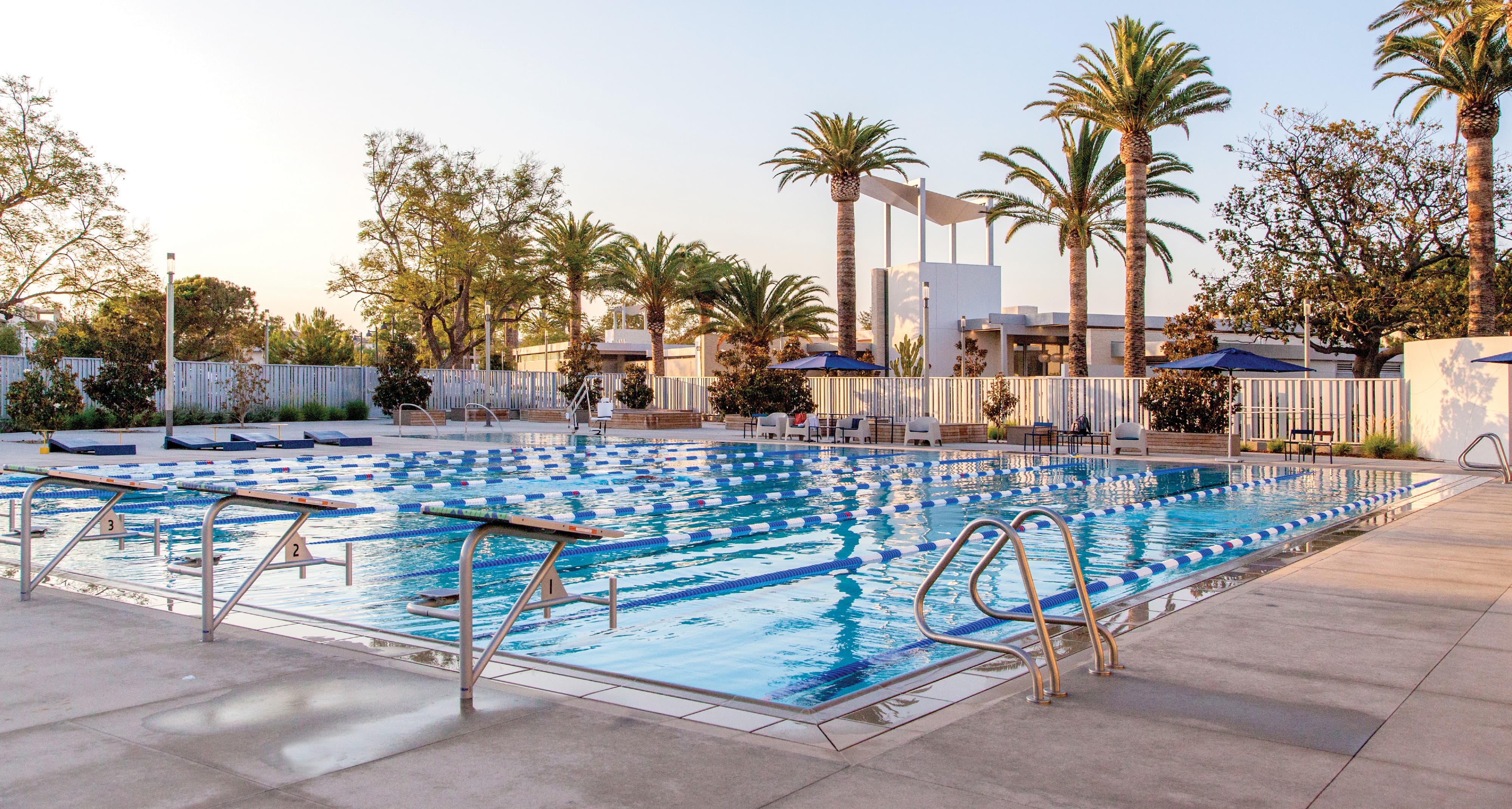 Lap pool with numbered starting blocks and lane lines, surrounded by lounge chairs, umbrellas, and palm trees, with a white pool house and shade structure in the background at sunset.