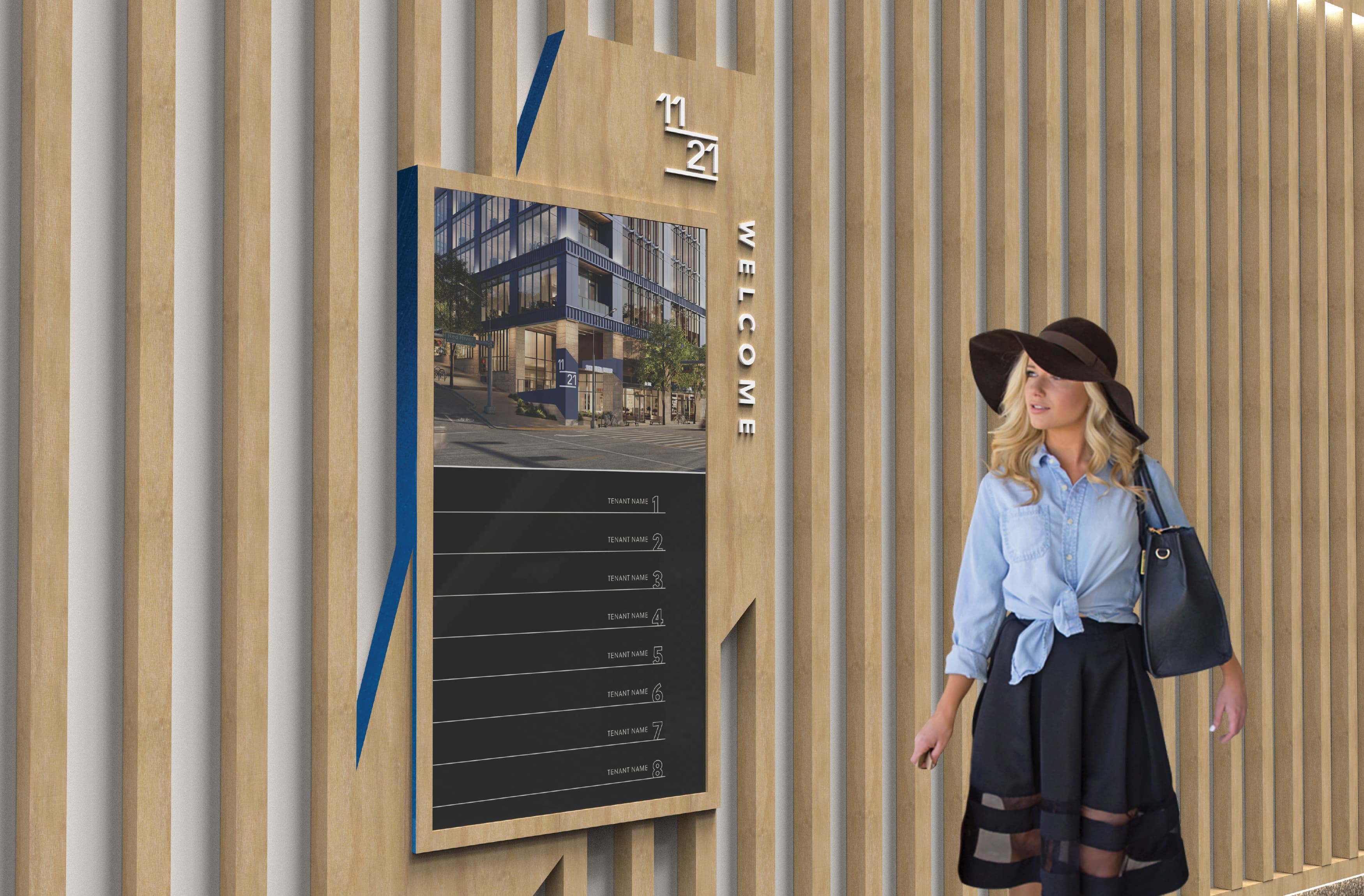 Image of a women walking past the directory signage sign at 1121 Symphony Square in Austin, Texas, designed by RSM Design. 