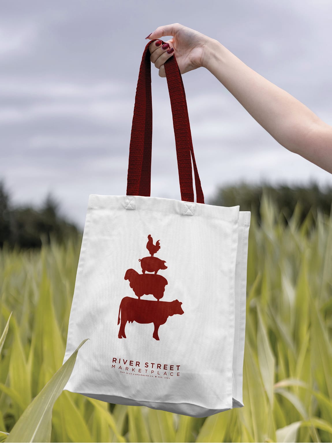 River Street Marketplace tote bag with farm animal logo, brand identity by RSM Design