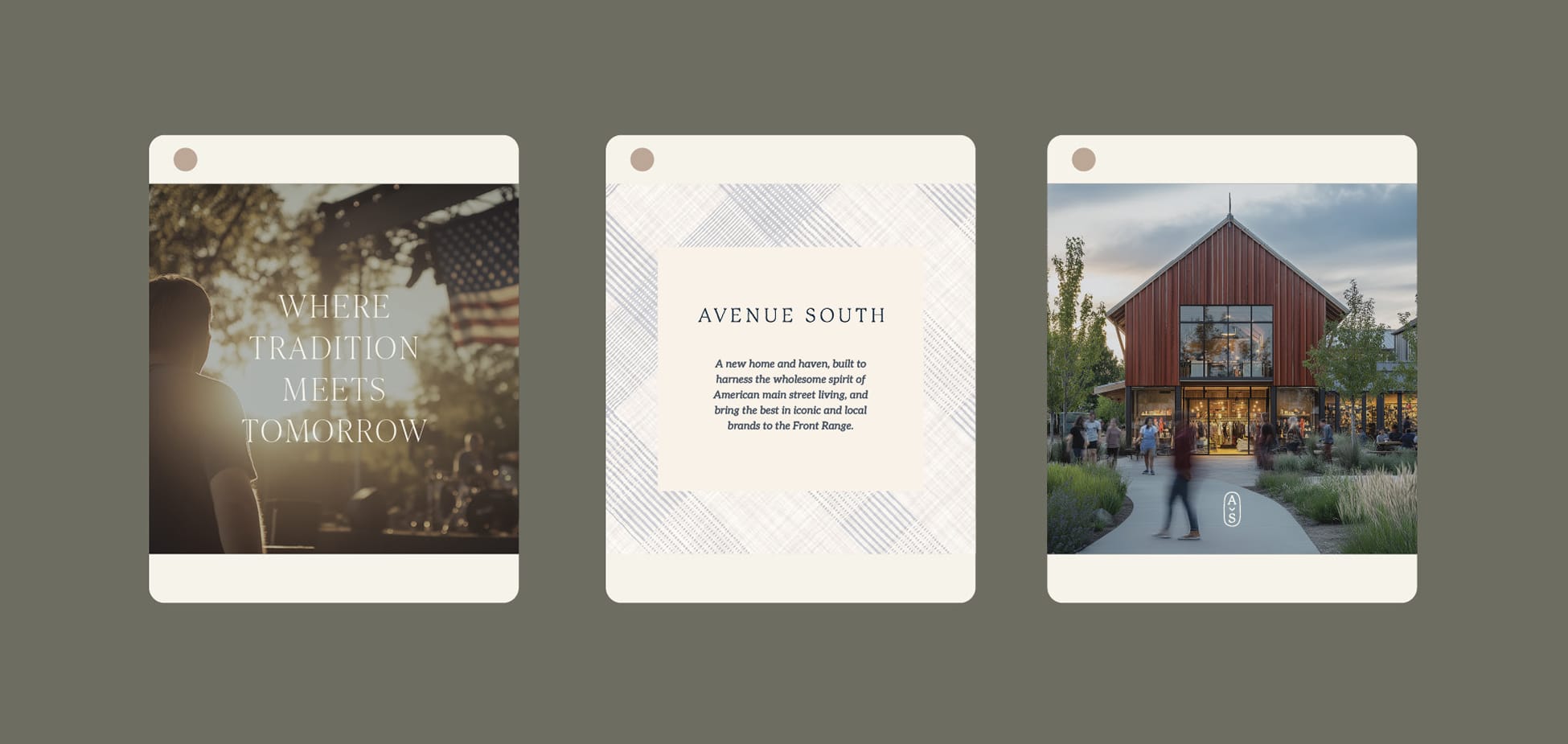 Three polaroid-style social media mockups for Avenue South featuring silhouetted concert crowd at sunset, brand tagline card, and red barn-style retail building exterior, brand identity social media design by RSM Design.