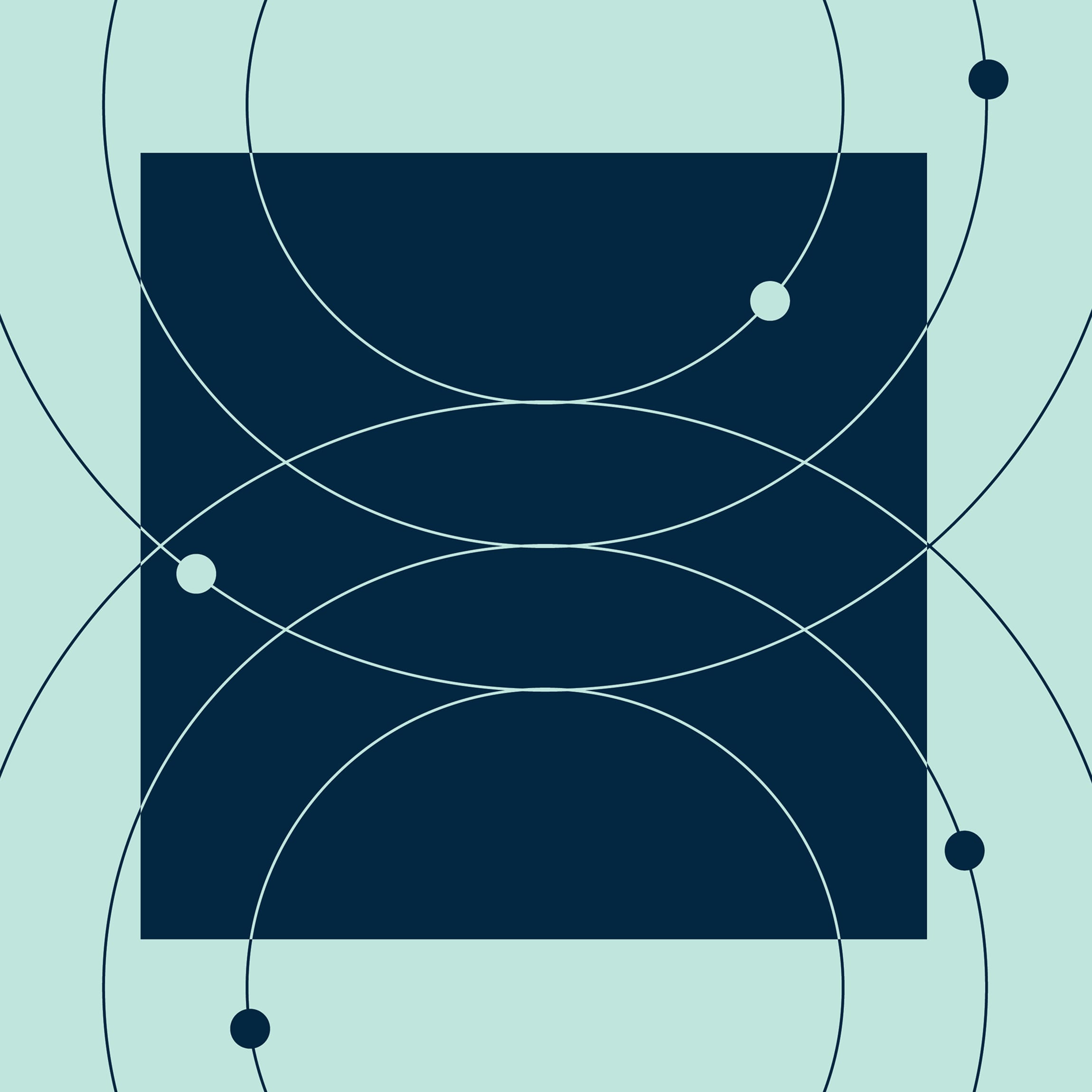 Abstract navy square with looping wave lines and accent dots overlapping in a mint green field — brand identity pattern by RSM Design.