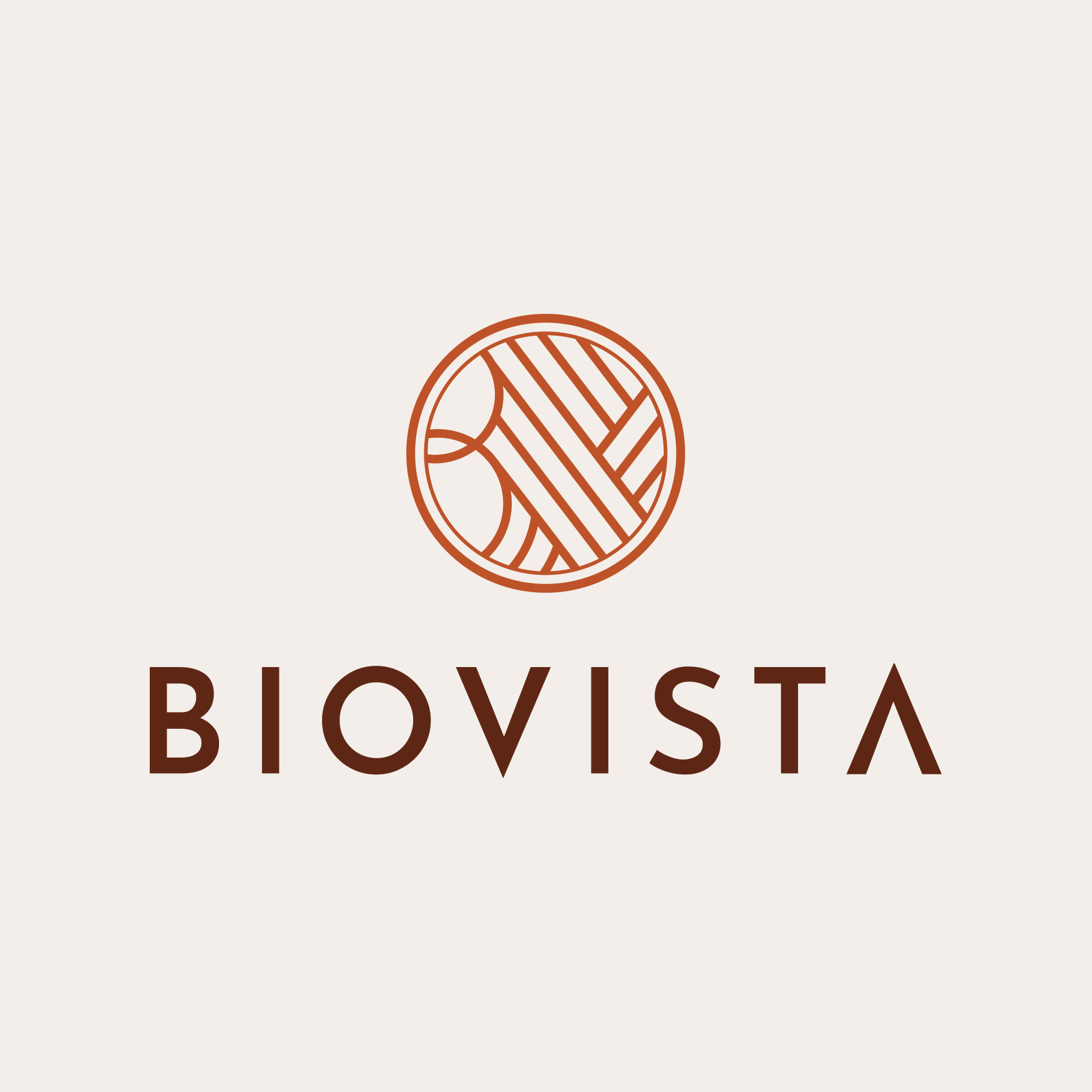 Animated reveal of the Biovista logo, building from an abstract linear pattern into the complete circular mark, followed by the 'Biovista' wordmark in brown serif-free type on a cream background.