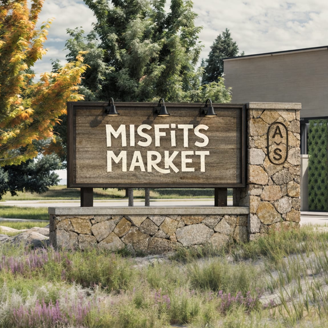 Wood tenant sign for Misfits Market with stone base and Avenue South monogram pillar, environmental graphic design by RSM Design.