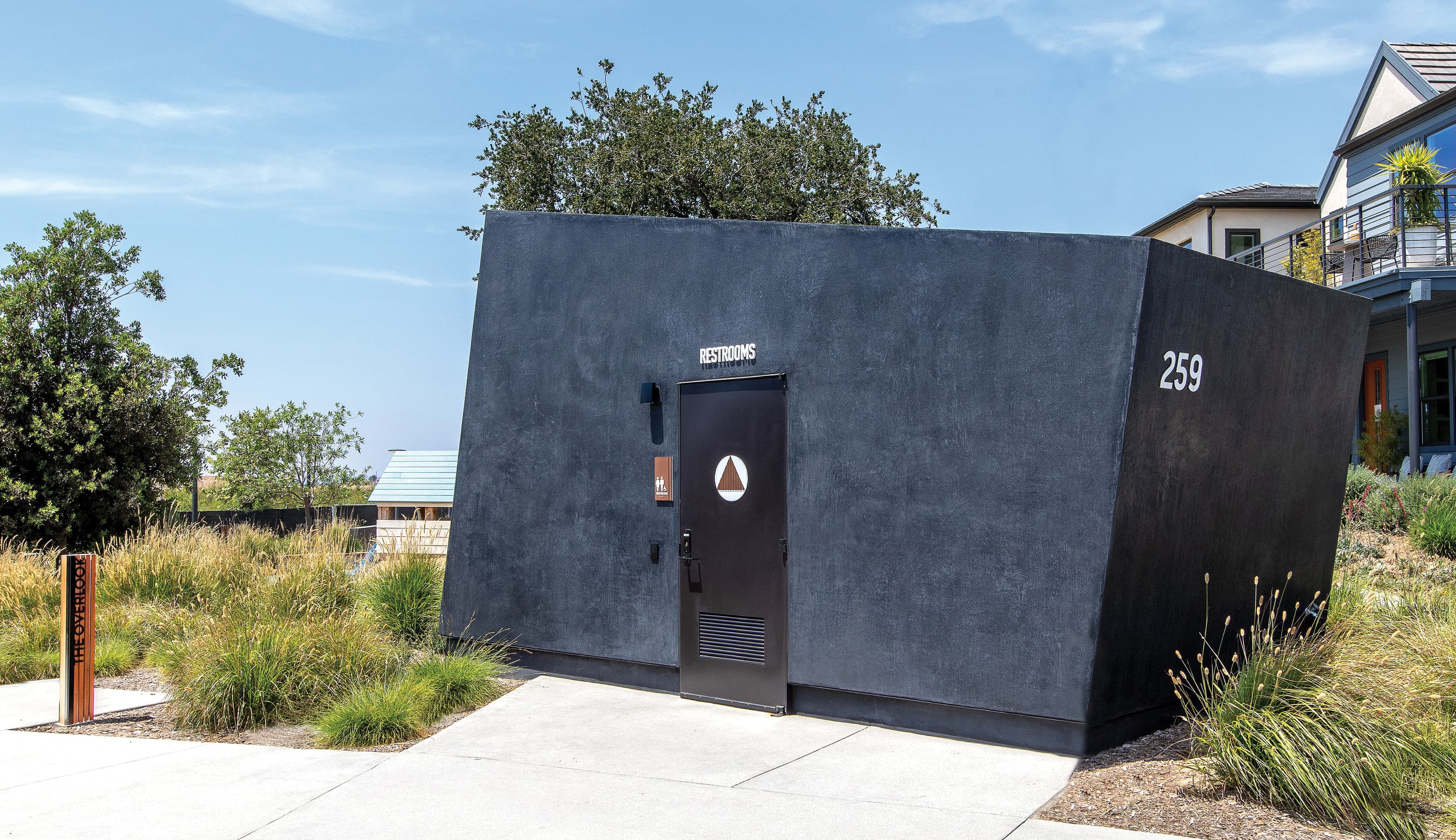 Architectural exterior restroom building. Black sleek restroom for Rise Park in Irvine, California.