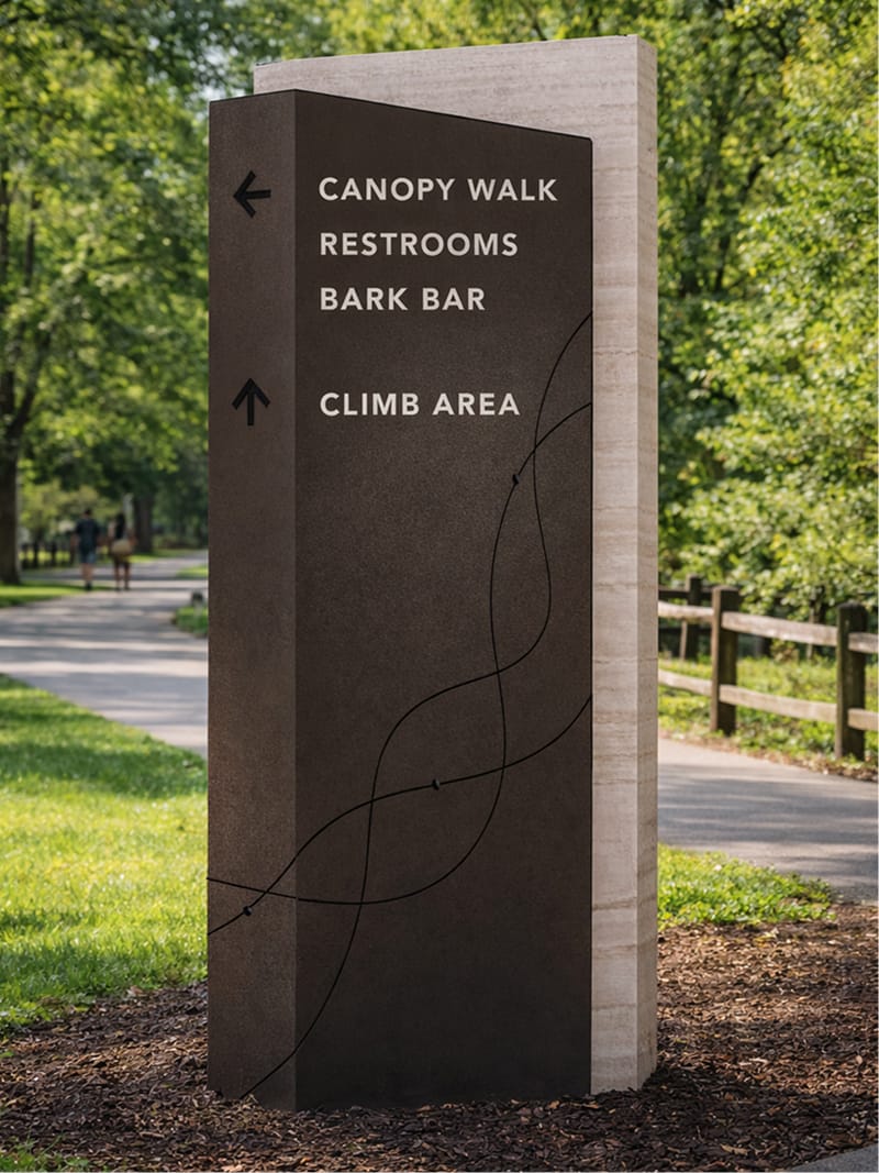Angular corten steel and stone directional sign along a wooded park path, listing "Canopy Walk," "Restrooms," "Bark Bar," and "Climb Area" with directional arrows and a wave-line motif — wayfinding and signage design by RSM Design.