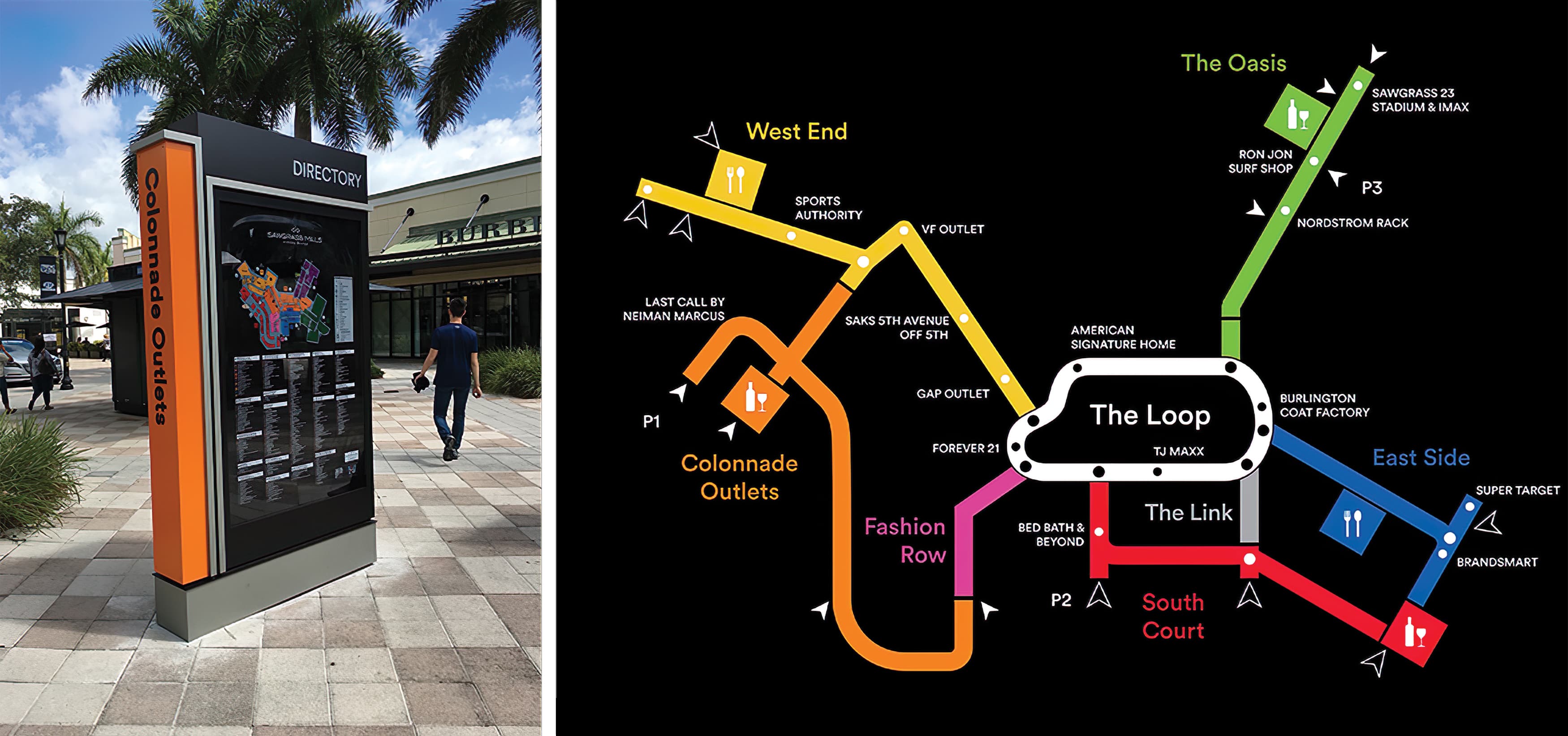 RSM Design worked to develop wayfinding signage, environmental graphics, and placemaking elements for Sawgrass Mills, a Simon Center located in Sunrise, Florida. Retail Directory.