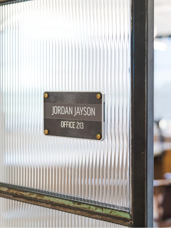 The Armour Stockyards office nameplate signage detail, environmental graphic design by RSM Design