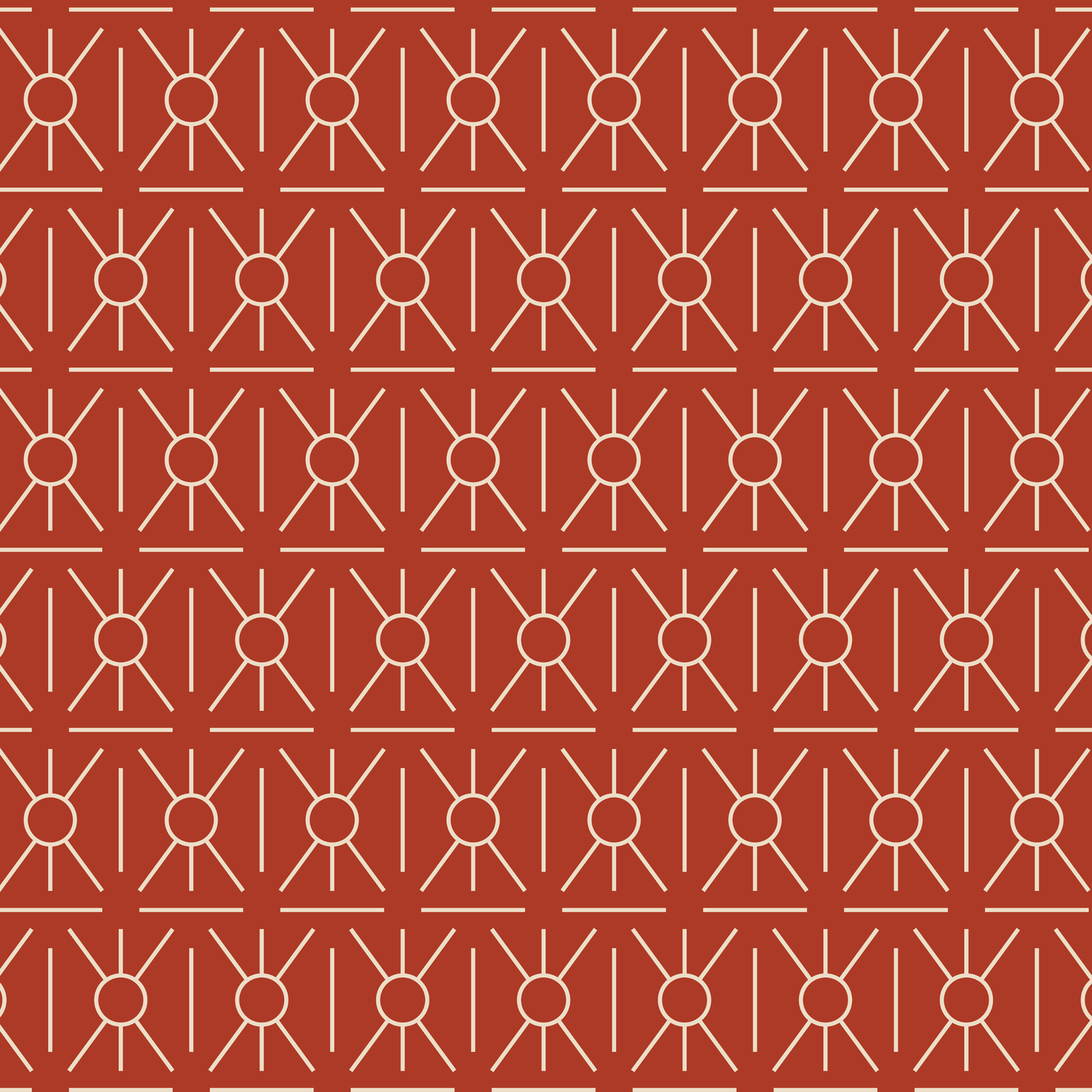 Repeating geometric sunburst pattern in cream on red, Uptown Tucson brand graphic by RSM Design
