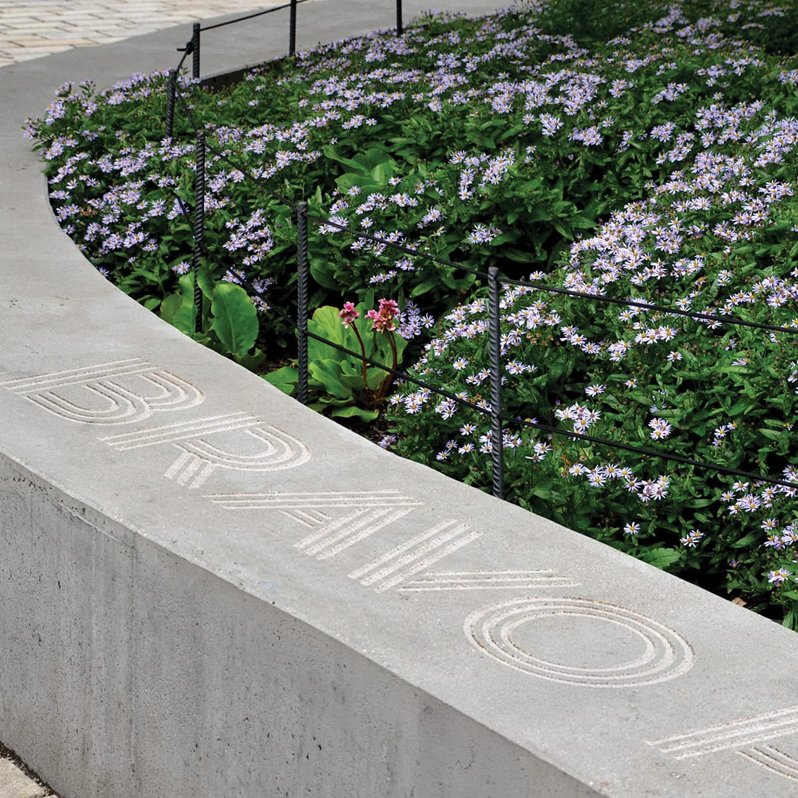 RSM Design Bravo Park — Bravo Park name engraved into curved concrete planter wall with mass planting of purple flowering perennials, branded landscape detailing and placemaking