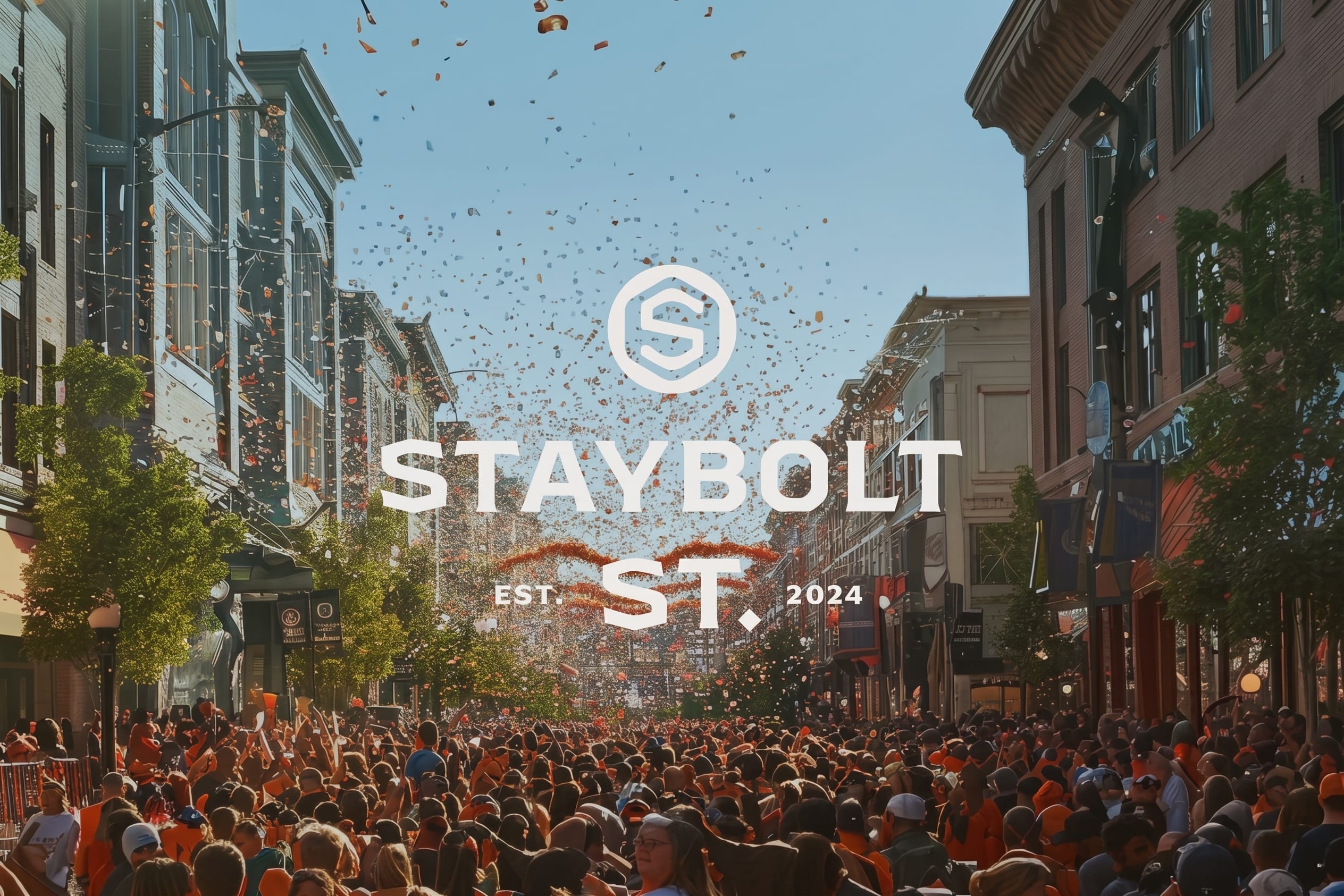 Staybolt Street Est. 2024 brand identity over street-level crowd scene — branding and environmental graphic design by RSM Design