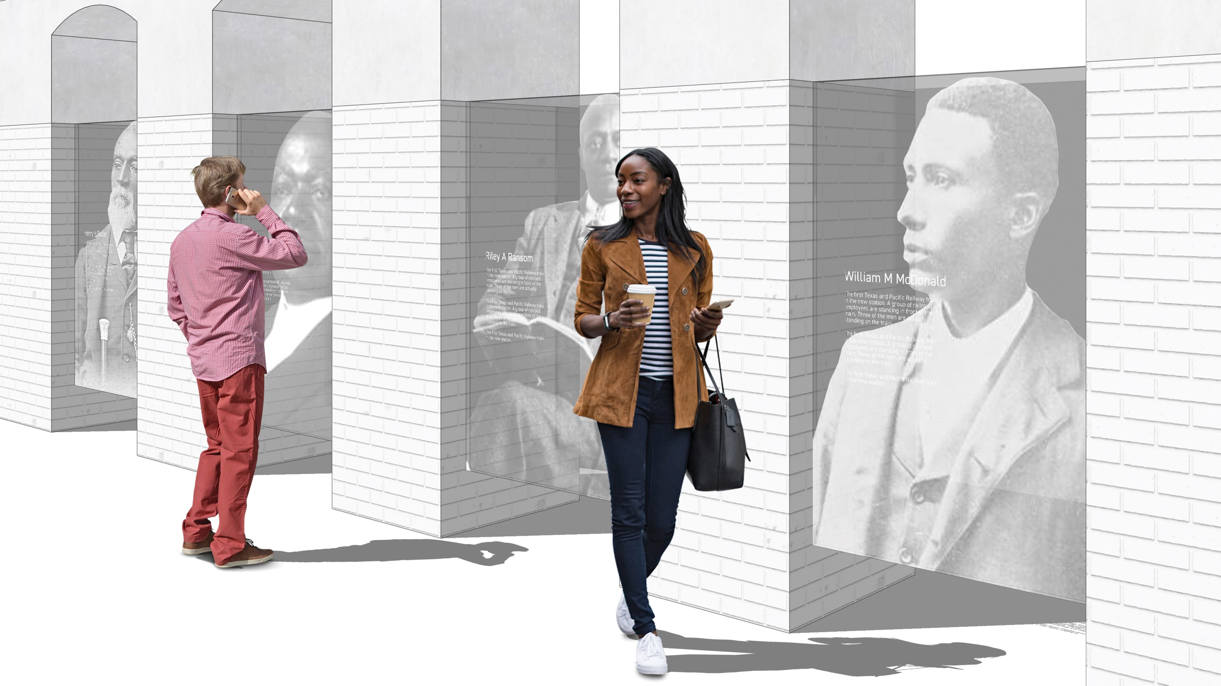 Architectural rendering of pedestrians engaging with large-scale historic portrait murals and interpretive text panels of Fort Worth figures including William M. McDonald on white brick columns at T&P Station, showcasing experiential graphics, cultural placemaking, and public art program design for a mixed-use transit development by RSM Design.