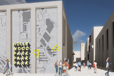 Hollywood Park architectural rendering of The Alley pedestrian paseo with outdoor basketball court, wayfinding graphics directing to Lake Street and The Court, amenity icons, pink Adirondack chairs, and retail storefronts, Inglewood, California