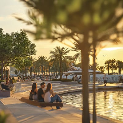 RSM Design Ramhan Island Marina Abu Dhabi — couple relaxing at sunset along a landscaped waterfront promenade with palm trees, reflecting pool, and yacht marina beyond