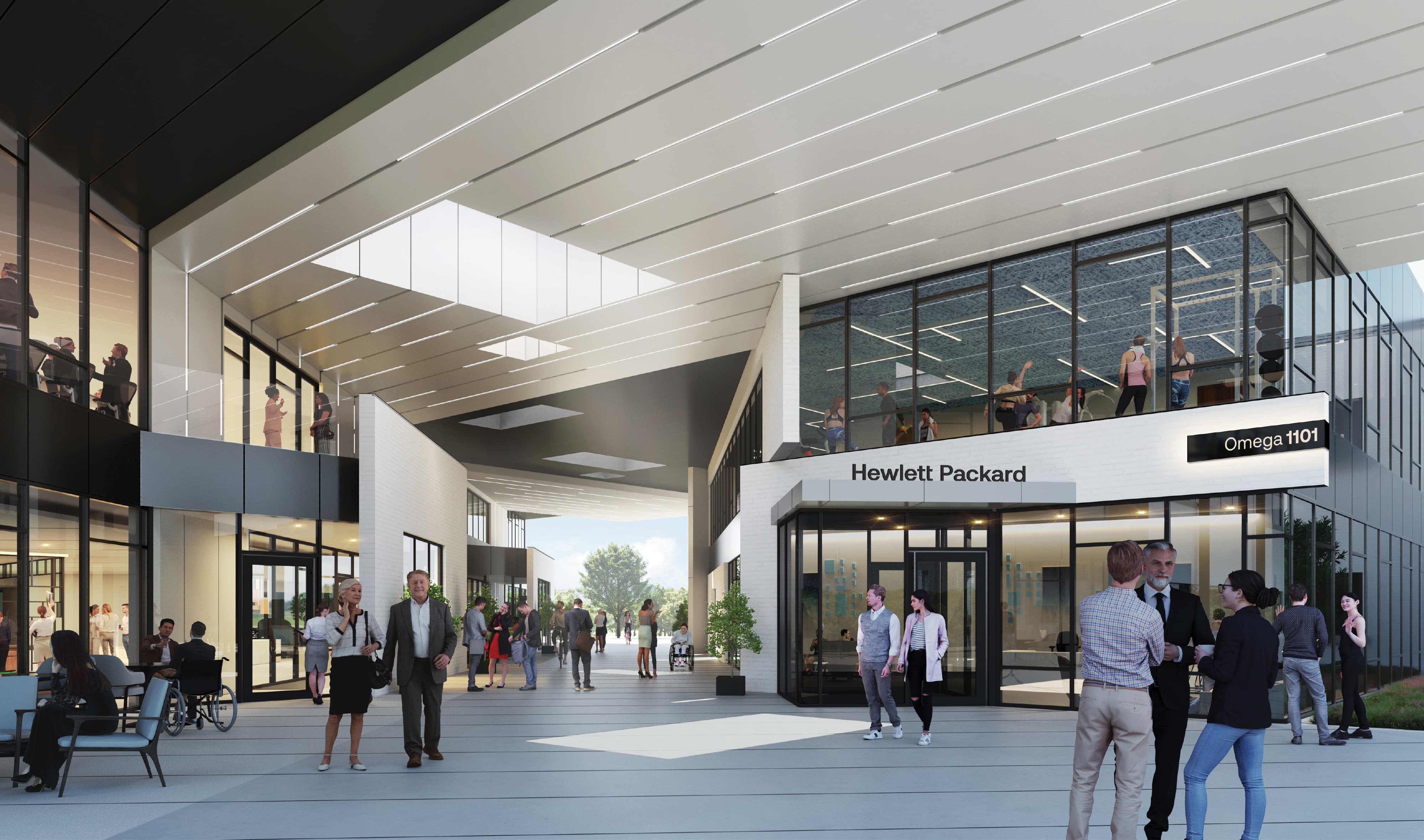 RSM Design photorealistic rendering of tenant signage, wayfinding, and placemaking for Continuum Alpharetta, depicting an activated interior pedestrian paseo with tenant identity signage for Hewlett Packard and Omega 1101, a visible fitness facility on the upper level, diverse professionals and visitors socializing throughout the open-air corridor, and views to a landscaped exterior beyond, demonstrating how environmental graphic design, master sign program, wayfinding and signage design, and branded environments are envisioned to create cohesive, human-centered mixed-use workplace, health and wellness, and science and technology campus experiences.