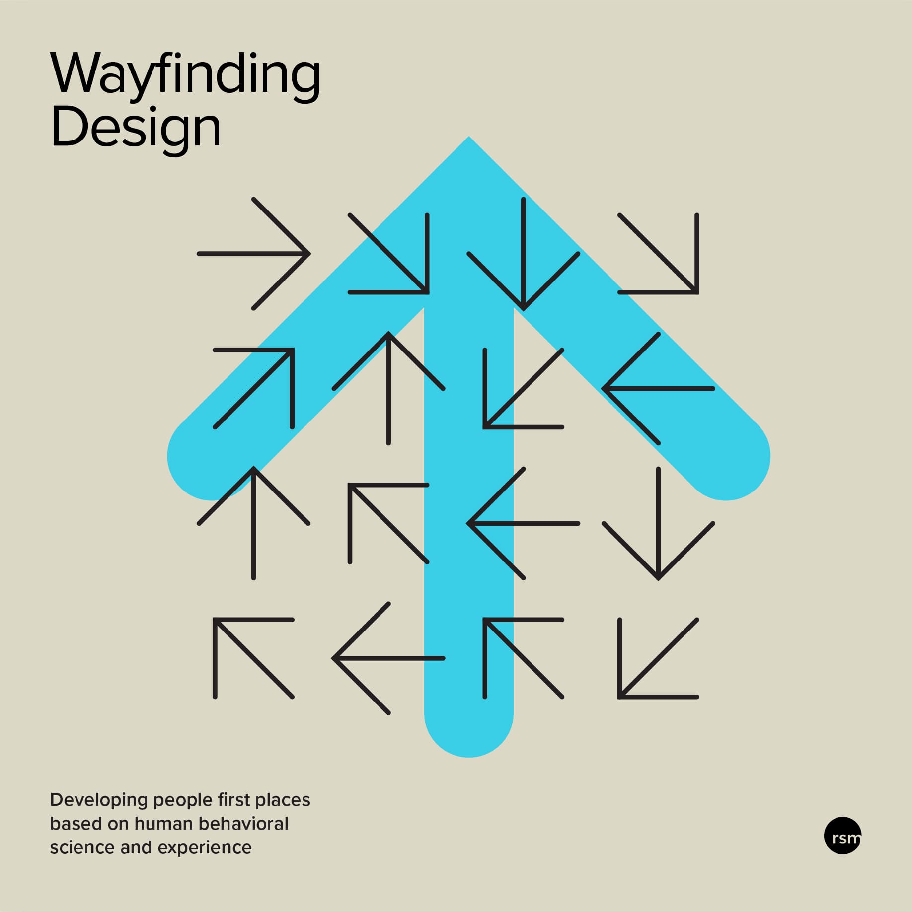 A graphic book cover looking topic series poster for Wayfinding Signage Design articles from RSM Design with black arrows in a grid pointing different directions and a large cyan arrow in the background.