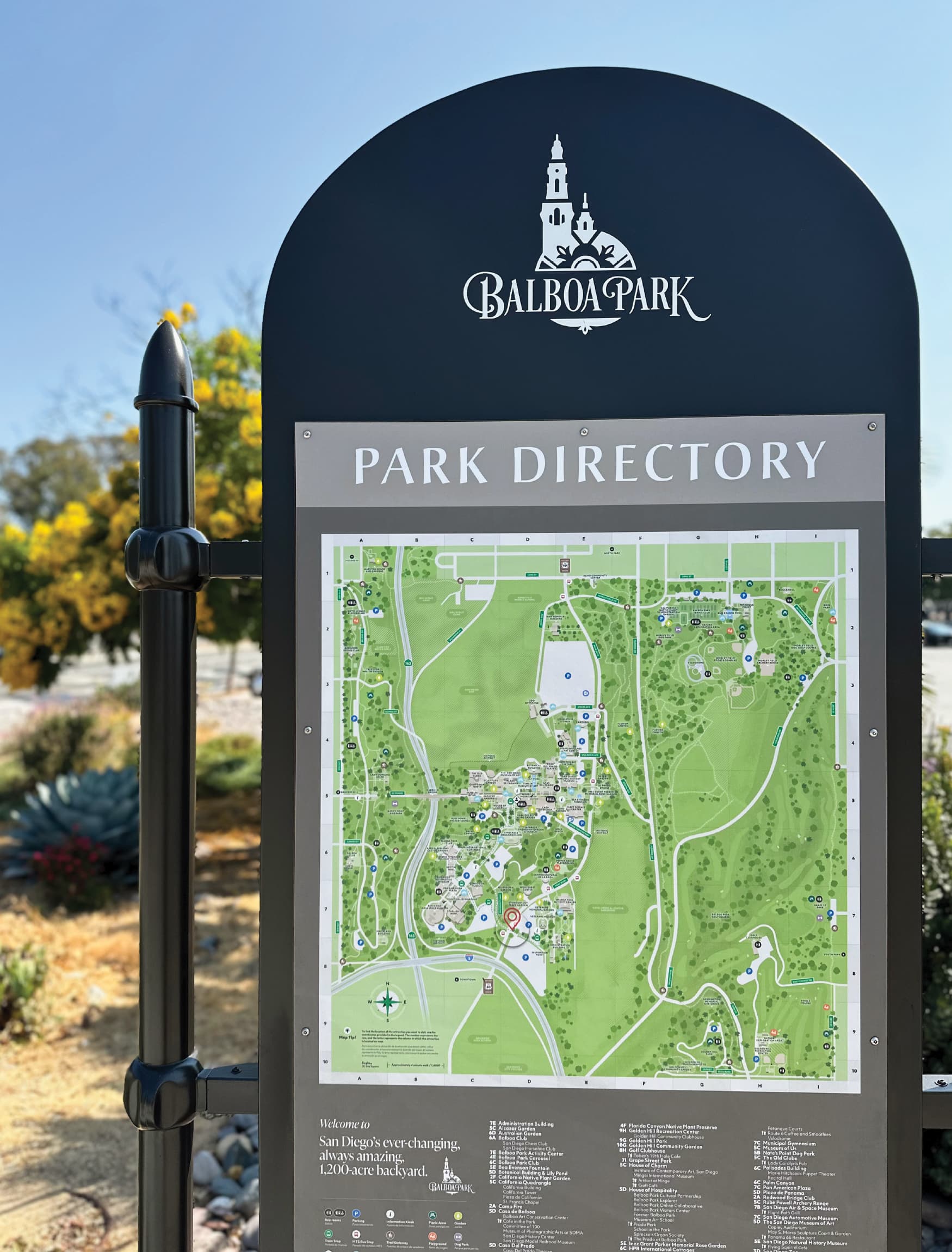 Detail image of the Park Directory at Balboa Park in San Diego, California. 