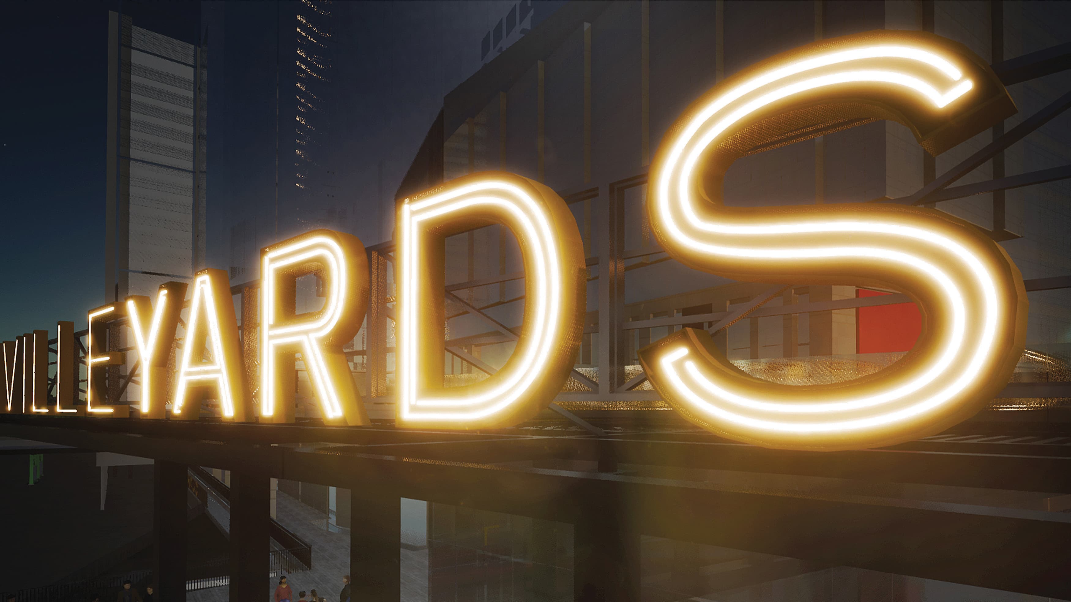 Close up rendering of neon signage at Nashville Yards in Nashville, Tennessee. 