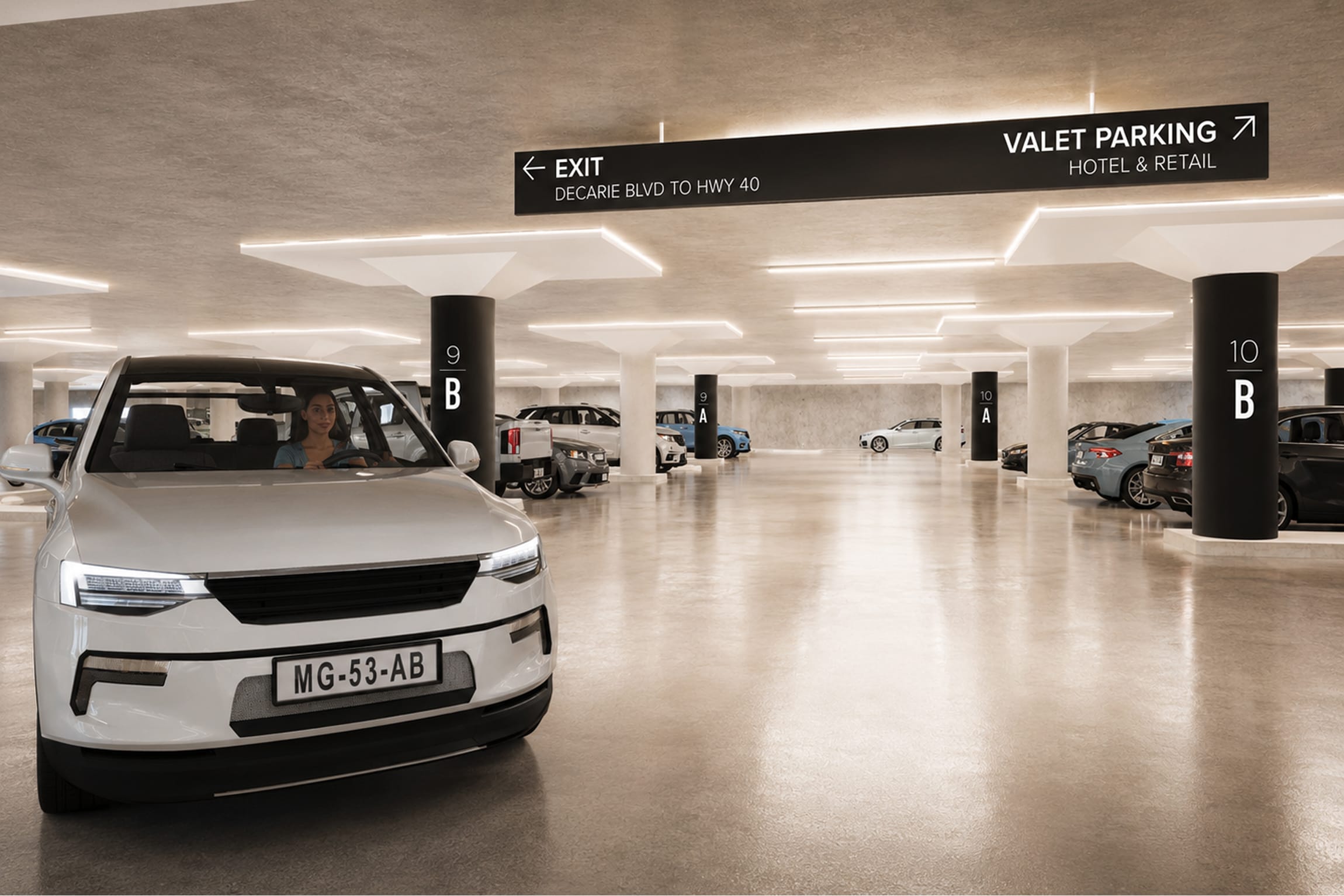 Rendering of a parking garage interior with overhead directional signage for exit and valet parking, and column bay markers reading "9A, 9B, 10A, 10B" — parking wayfinding design by RSM Design