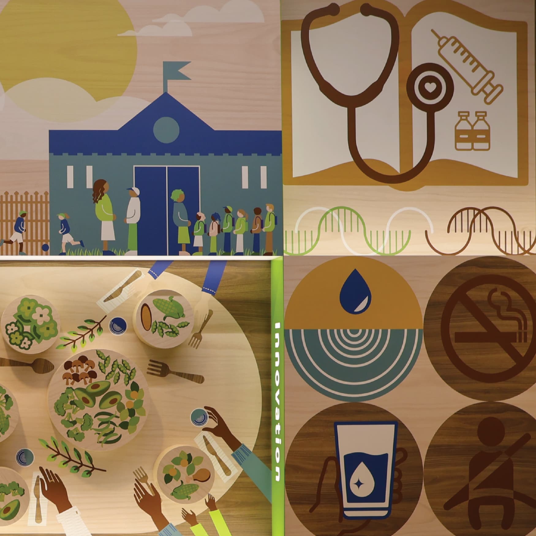 The wall in the image is part of the permanent exhibition designed by RSM Design for the UCLA Fielding School of Public Health's 60th anniversary. It features a vibrant and informative display with a variety of graphic elements and icons. Key public health themes such as Inclusion, Equity, Evidence, Prevention, Community, and Impact are highlighted on the wall, each with its own distinct section. The design includes detailed illustrations, representing different aspects of public health and the school's contributions to the field. The wall is well-lit and incorporates wooden textures with colorful visual elements, making the information engaging and accessible. There are also seating benches integrated into the design, inviting viewers to spend time interacting with the exhibit.