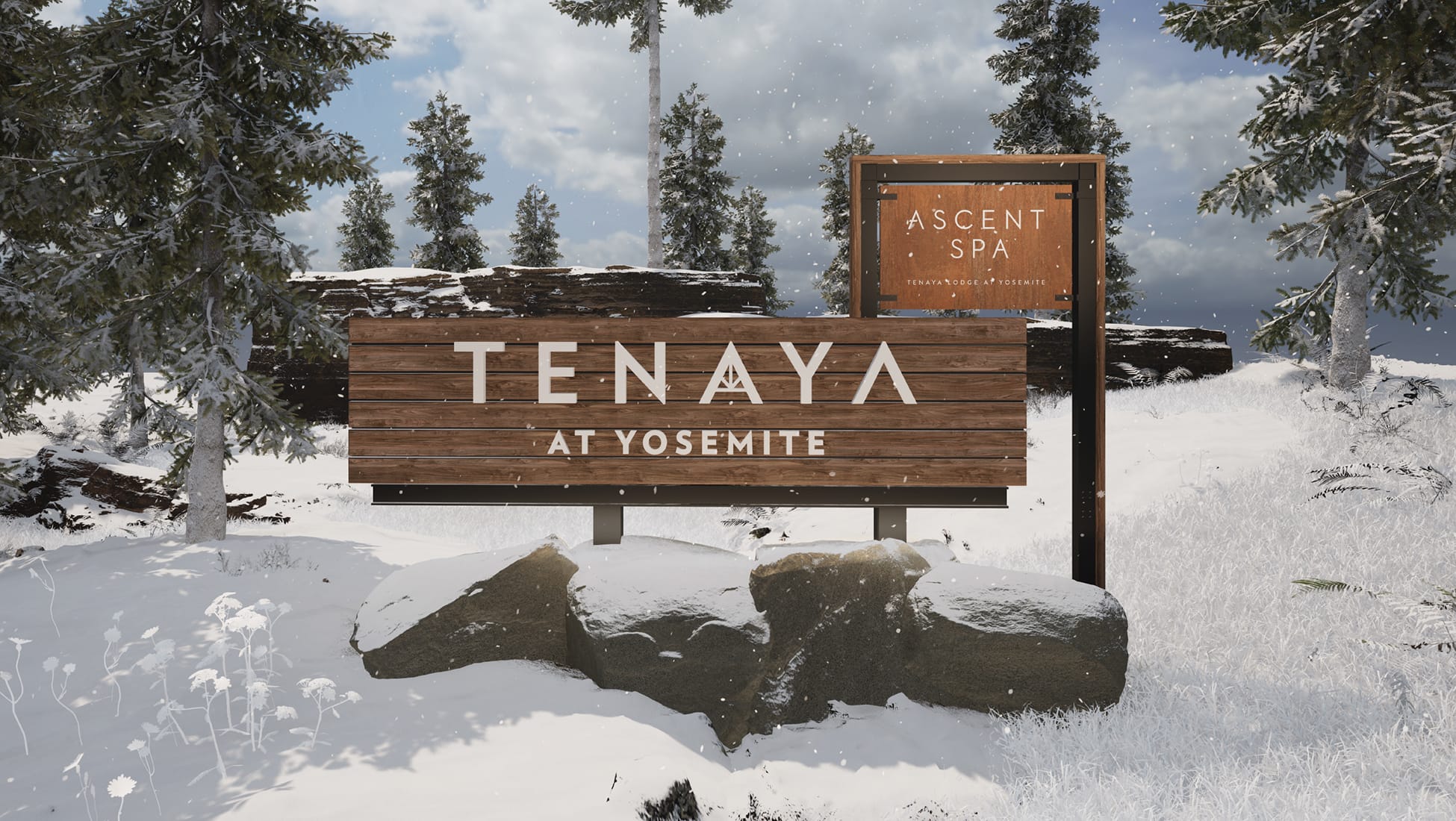 Tenaya at Yosemite entrance signage with Ascent Spa marker, rendered in a snowy winter mountain setting with pine trees
