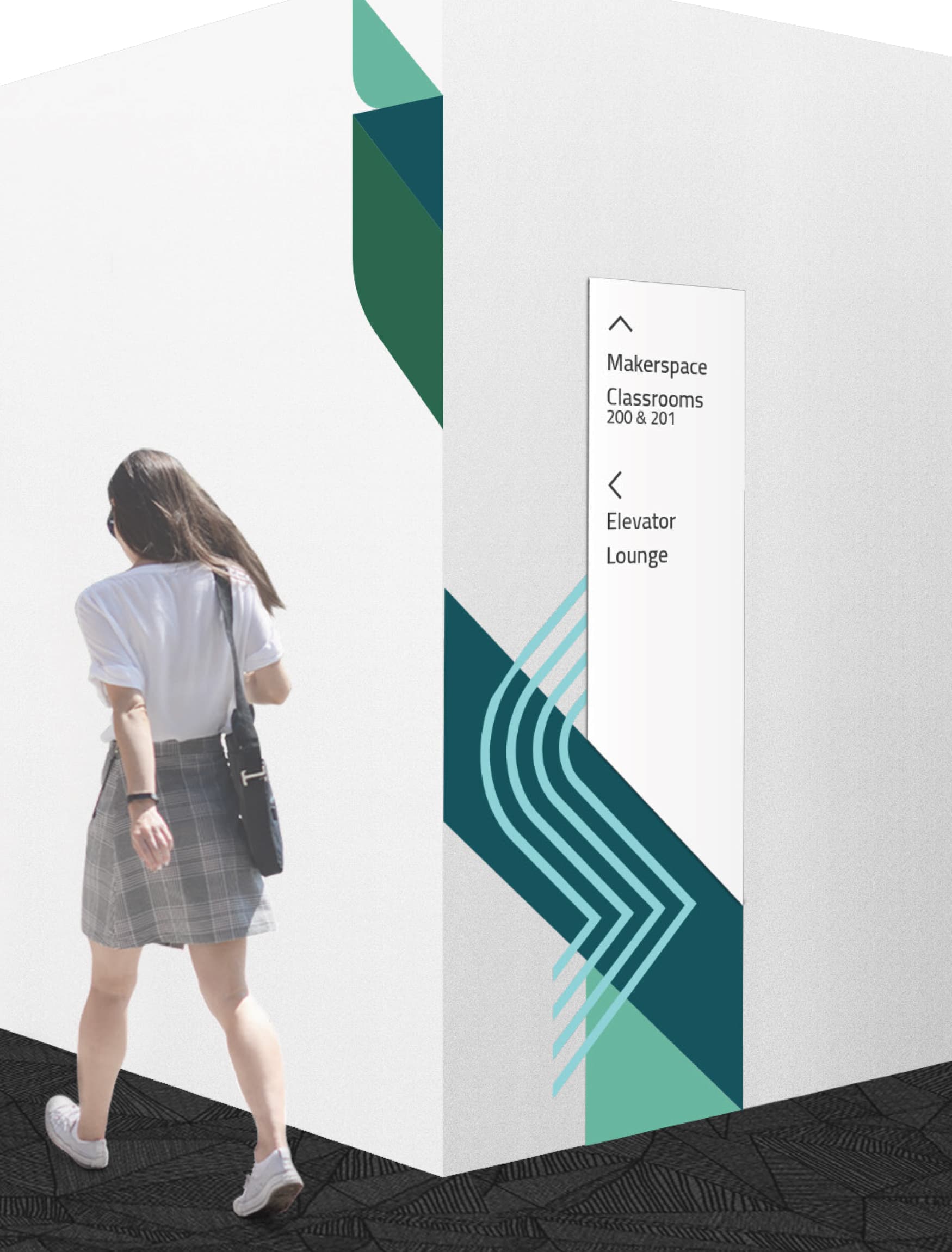 Rendering of a student walking past the elevator directions / public art. 