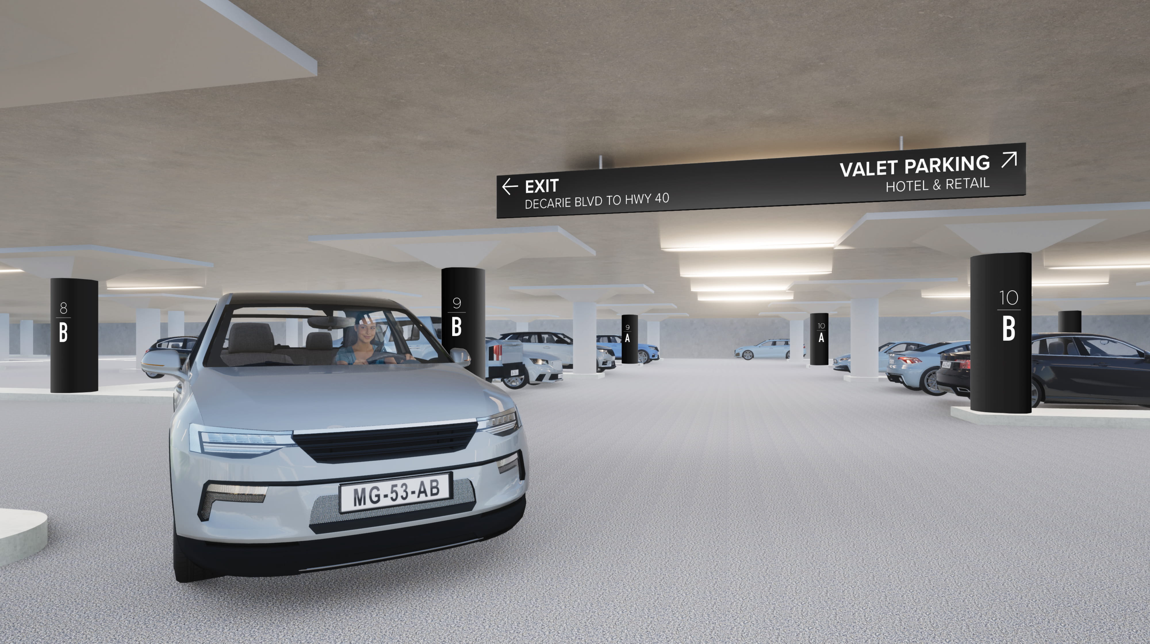 An architectural rendering of the Royalmount parking garage interior featuring a suspended black overhead blade sign directing drivers to the Exit via Decarie Blvd to Hwy 40 and Valet Parking for Hotel and Retail, alongside a row of black cylindrical column signs numbered 8B through 10B identifying parking bays — illustrating RSM Design's vehicular wayfinding and signage design and master sign programs applied comprehensively within the parking garage, hospitality, and mixed-use international markets