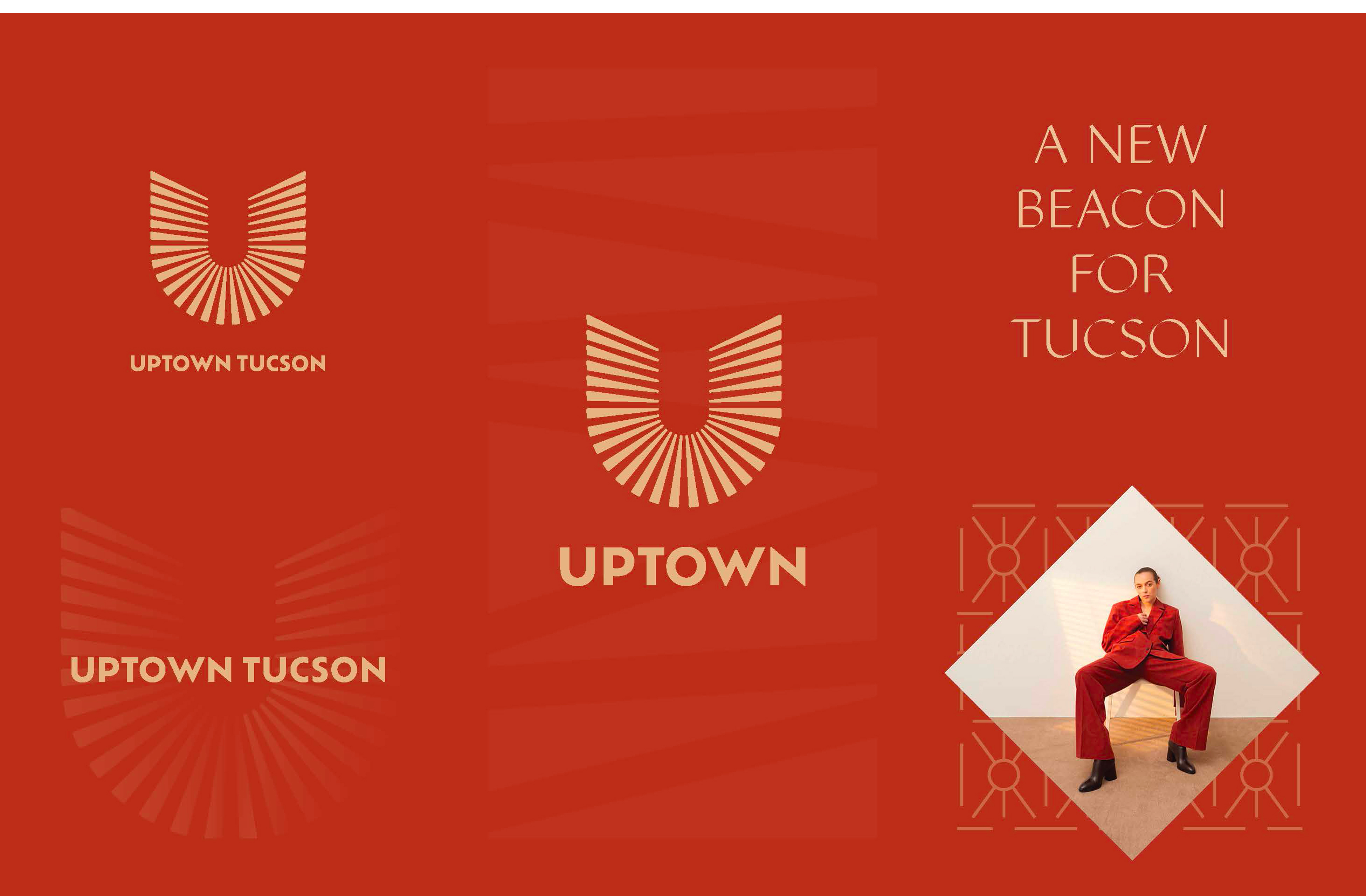 Uptown Tucson brand identity mood board, showing logo lockups, the tagline A New Beacon for Tucson, and a fashion-forward campaign photo in a diamond frame, branding by RSM Design