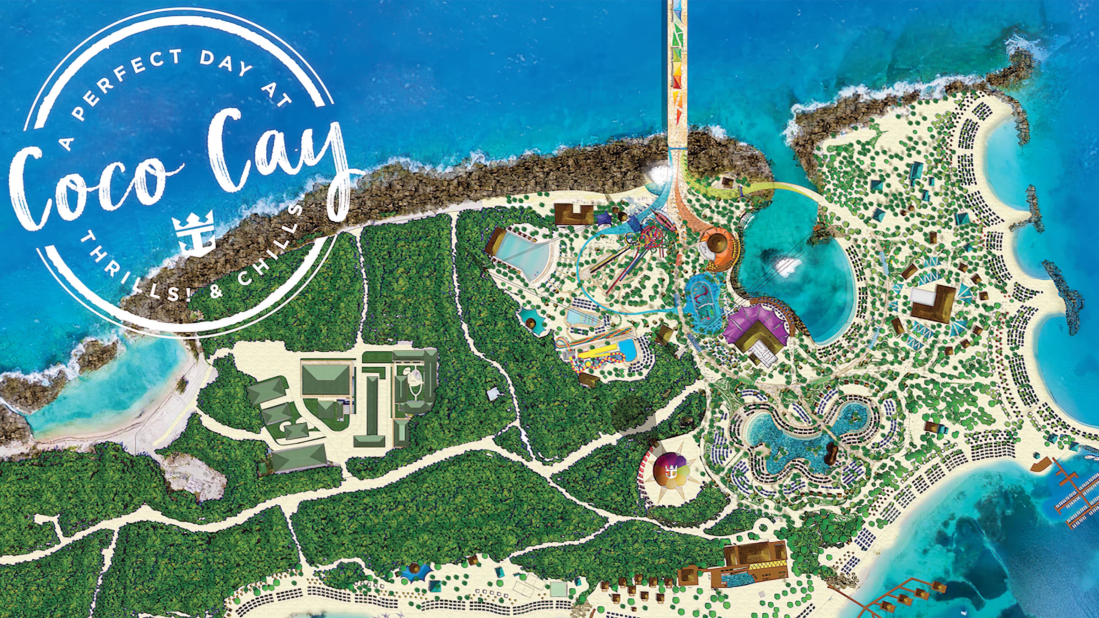 A playful, illustrative map of Coco Cay Island located in the Bahamas